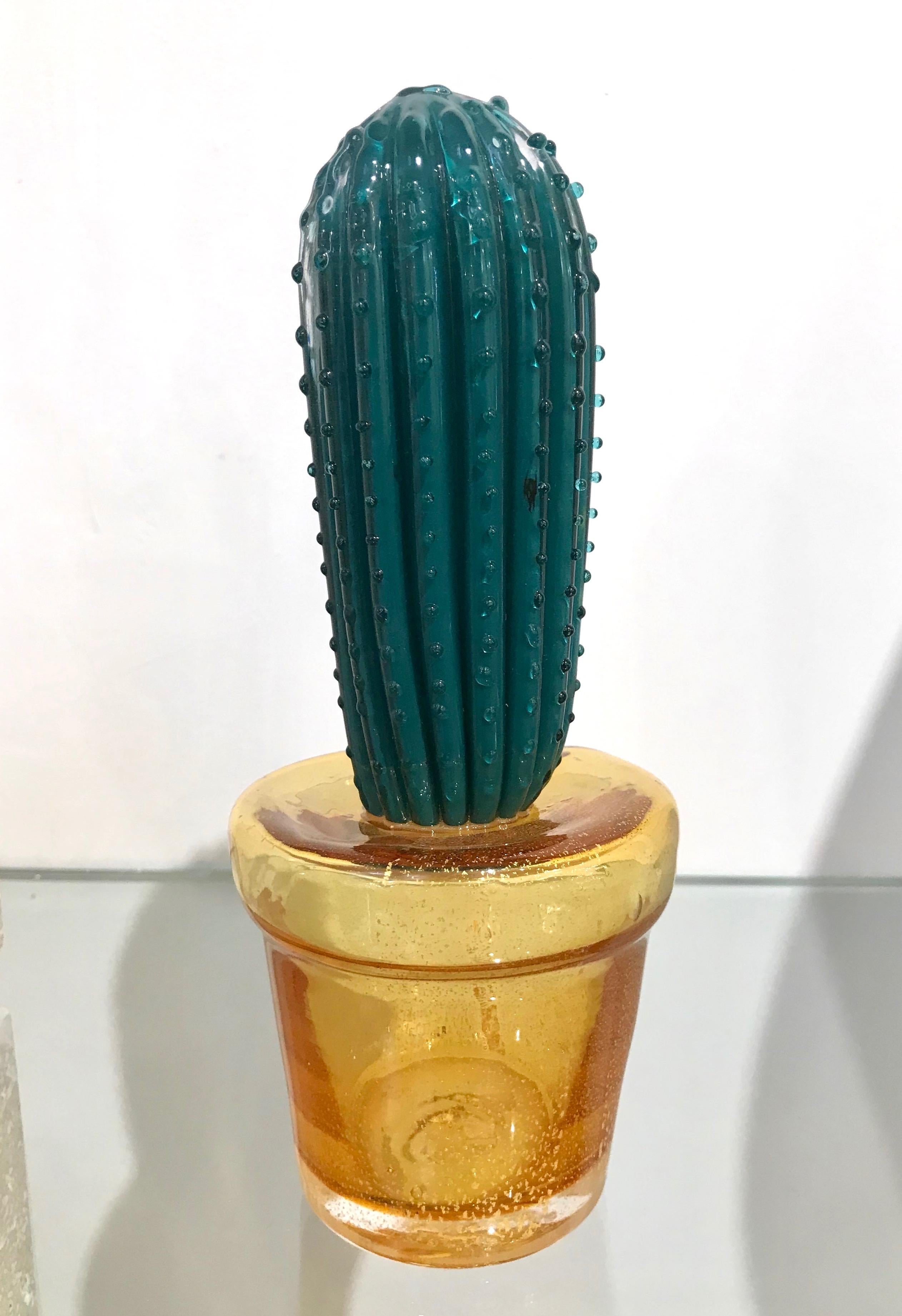 1990s Vintage Italian Teal Green Murano Glass Tall Cactus Plant with Gold Pot 1