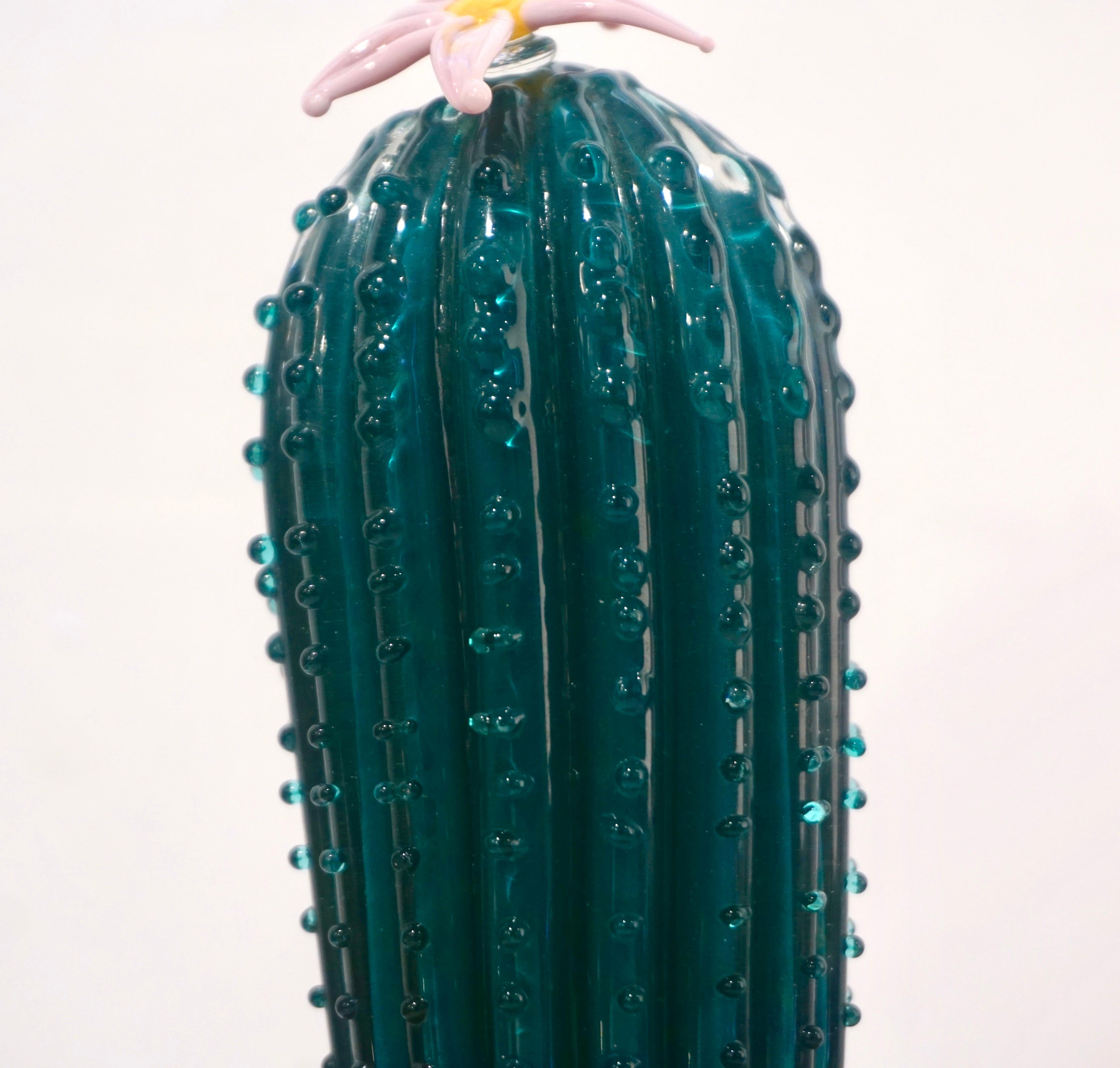 1990s Vintage Italian Teal Green Murano Glass Tall Cactus Plant with Gold Pot 2