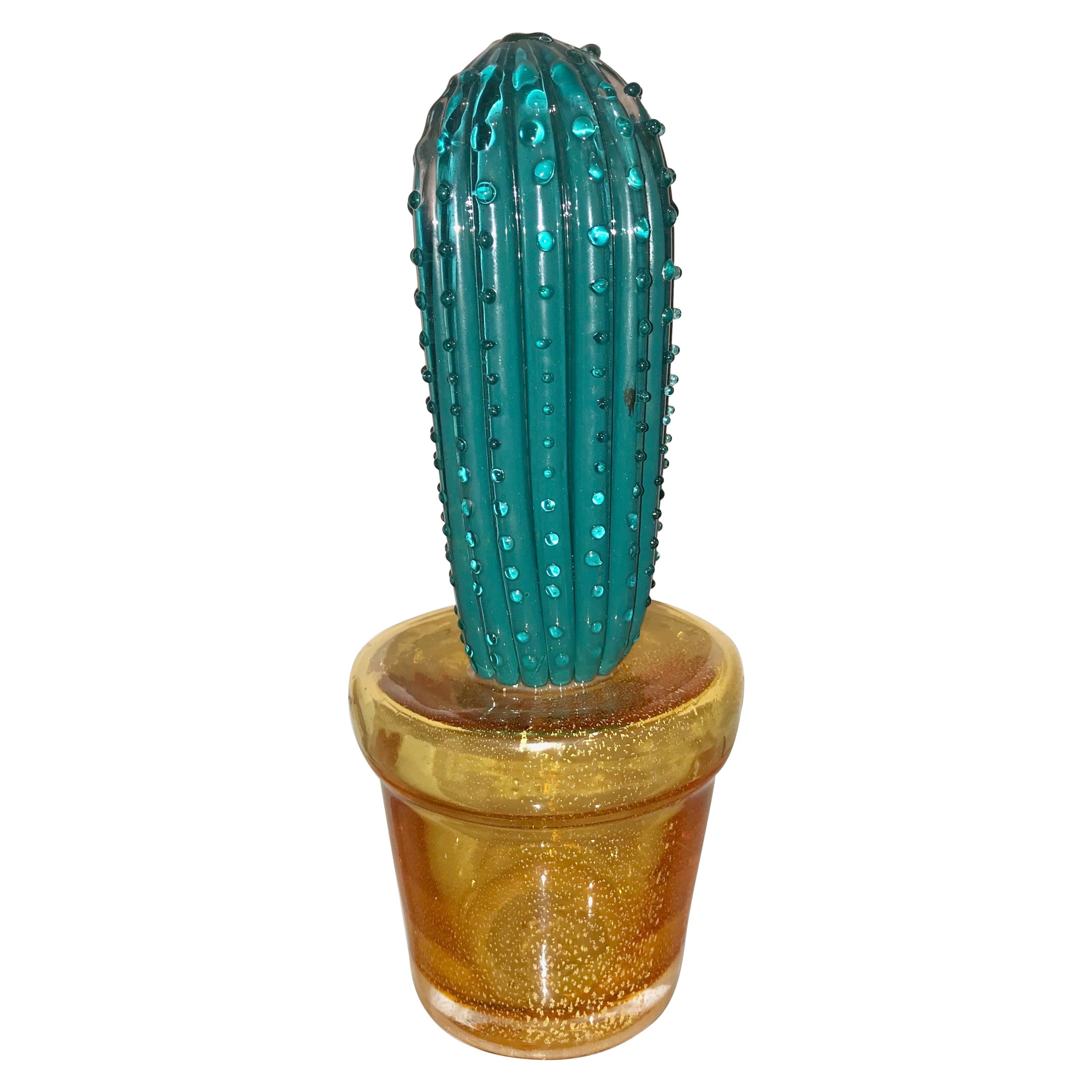 1990s Vintage Italian Teal Green Murano Glass Tall Cactus Plant with Gold Pot