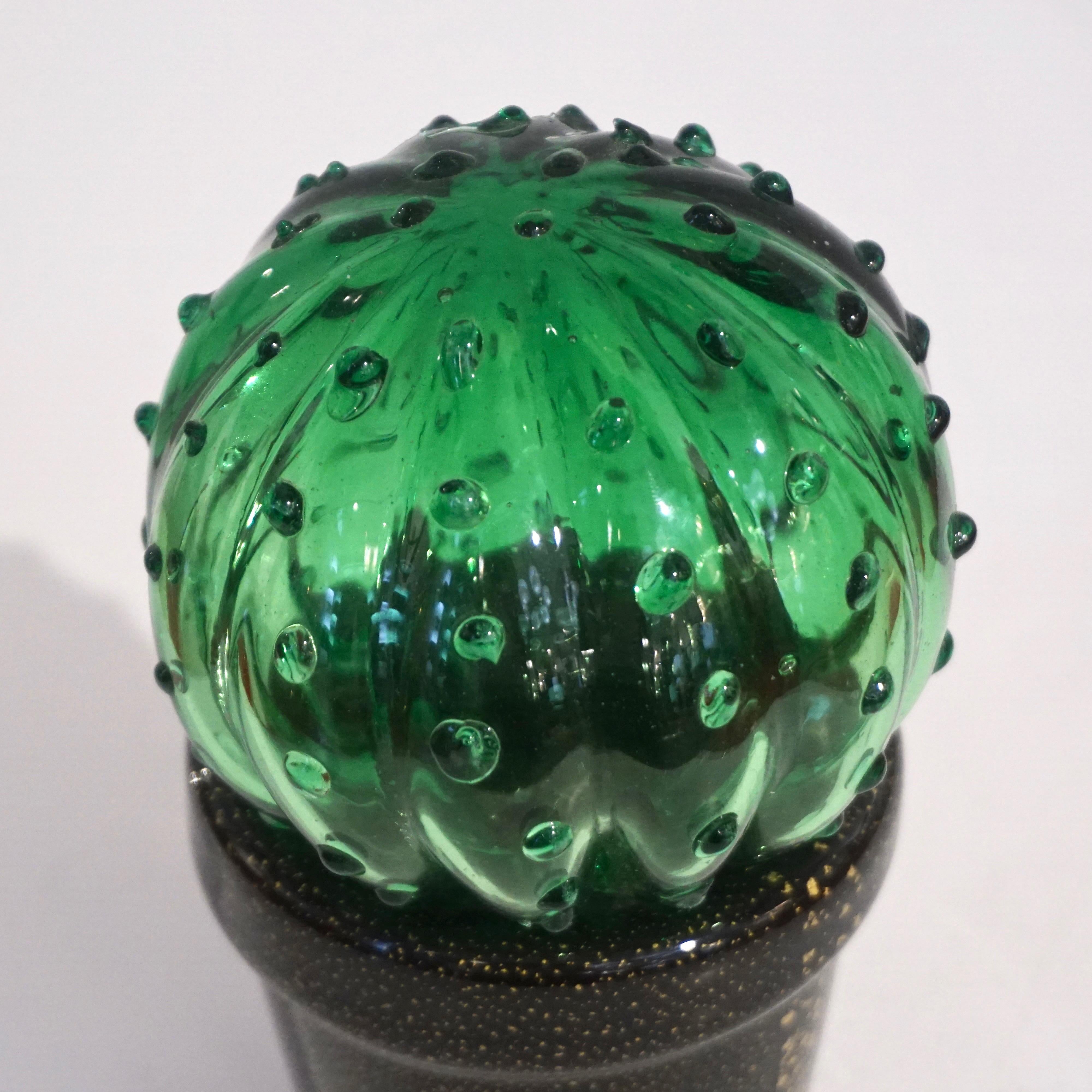 Late 20th Century 1990s Vintage Italian Green Murano Glass Small Cactus Plant in Black & Gold Pot