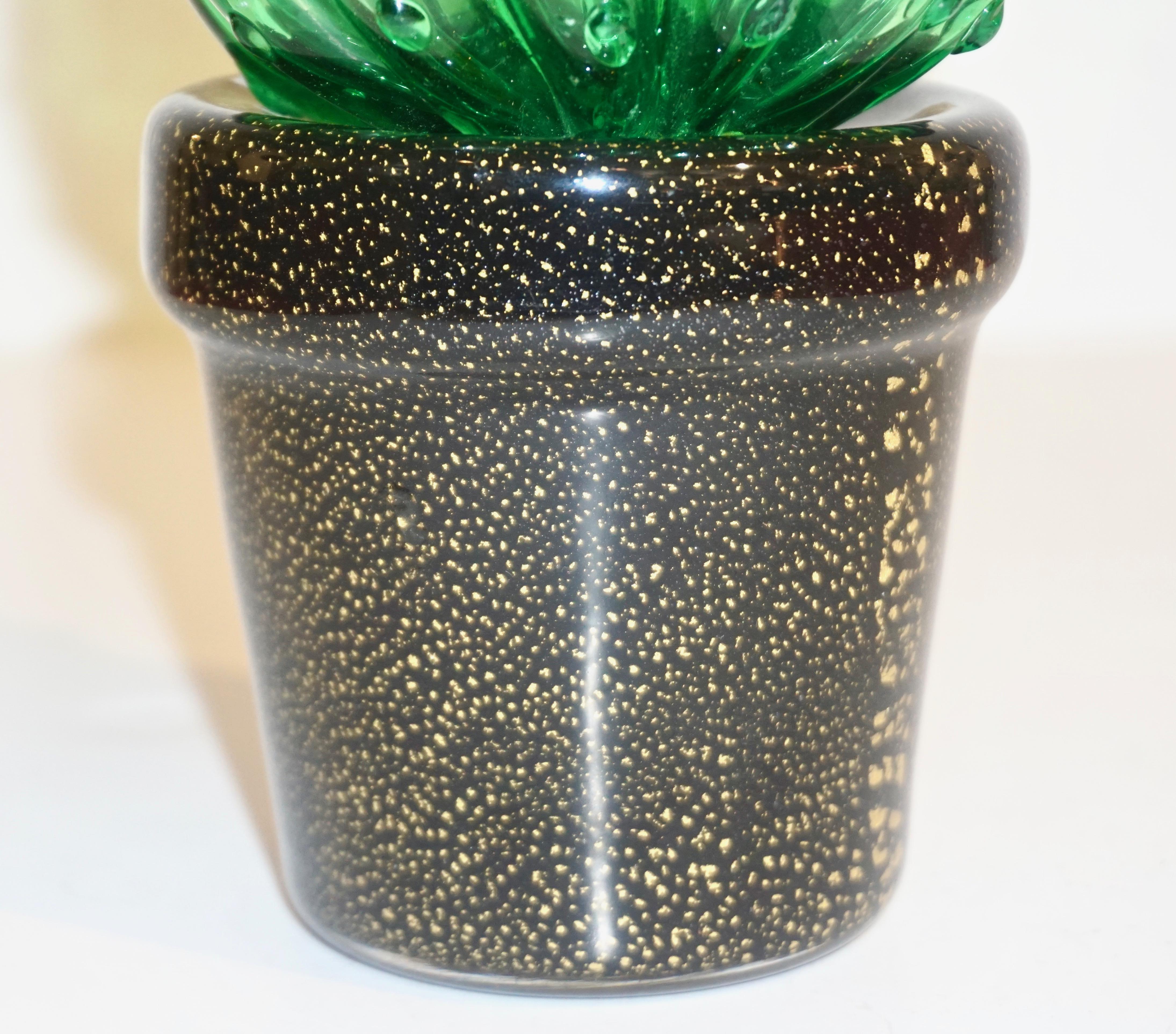 1990s Vintage Italian Green Murano Glass Small Cactus Plant in Black & Gold Pot 1