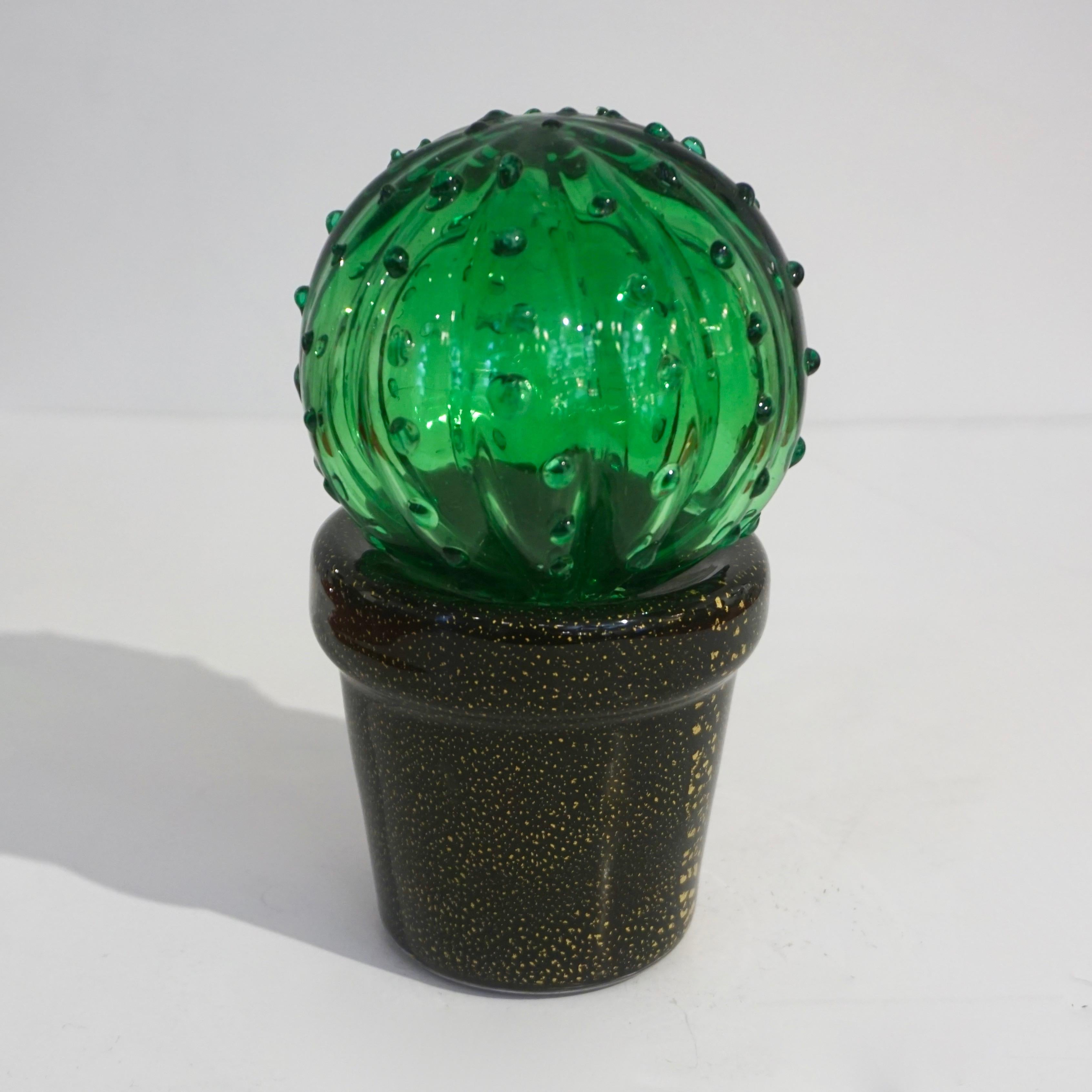 1990s Vintage Italian Green Murano Glass Small Cactus Plant in Black & Gold Pot 2