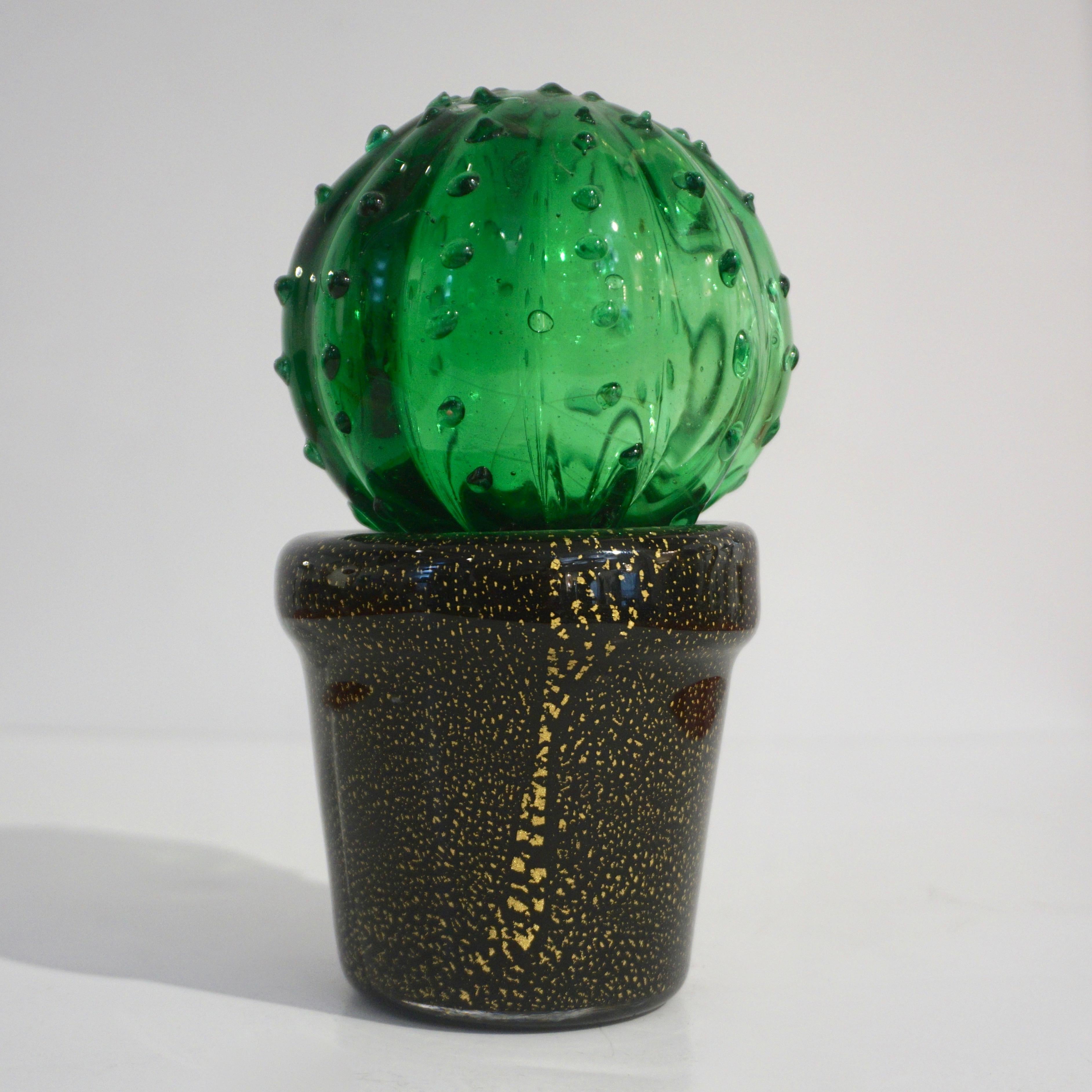 Hand-Crafted 1990s Vintage Italian Green Murano Glass Small Cactus Plant in Black & Gold Pot