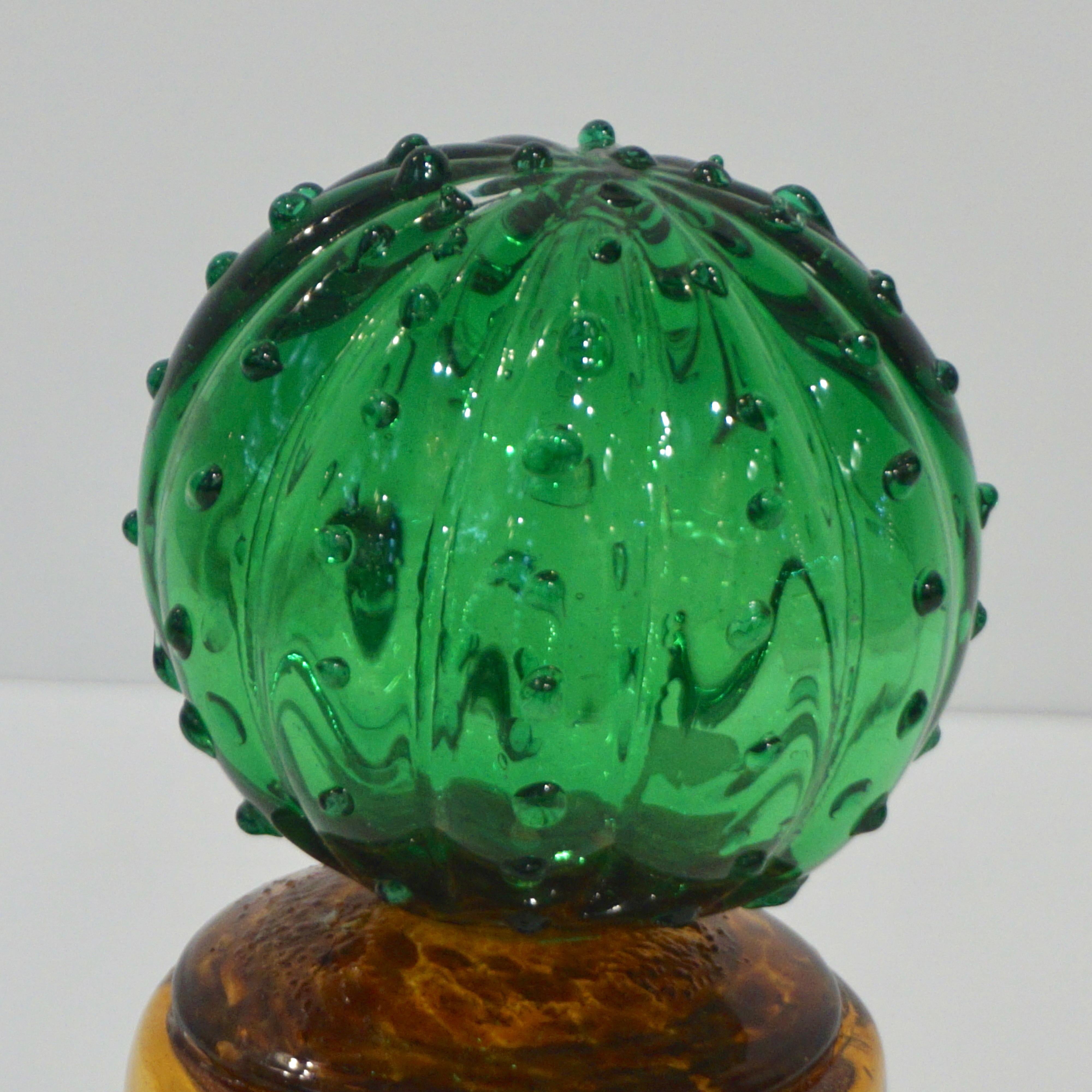 1990s Vintage Italian Vivid Green Murano Glass Small Cactus Plant in Gold Pot For Sale 4