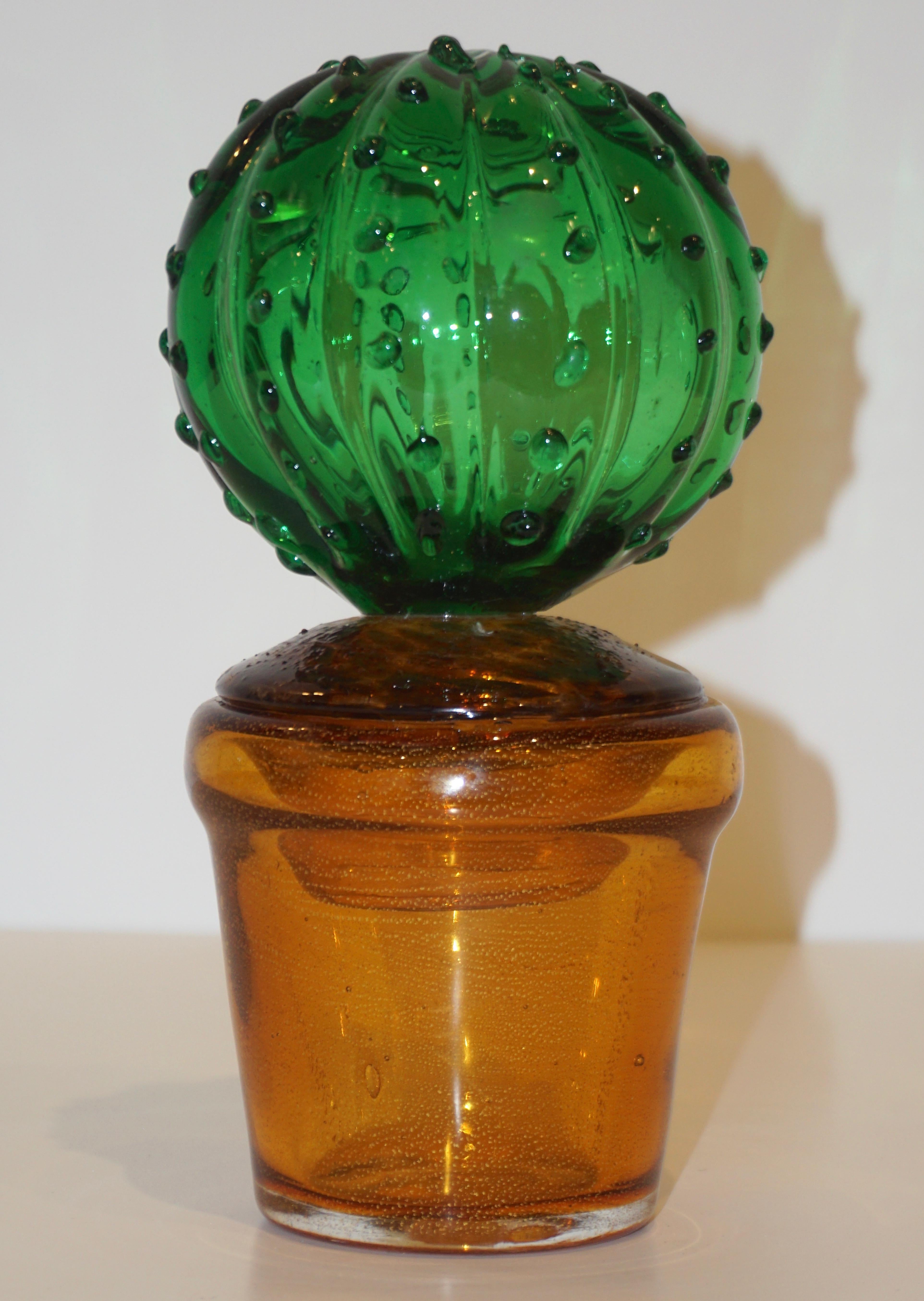 1990s Vintage Italian Vivid Green Murano Glass Small Cactus Plant in Gold Pot For Sale 5