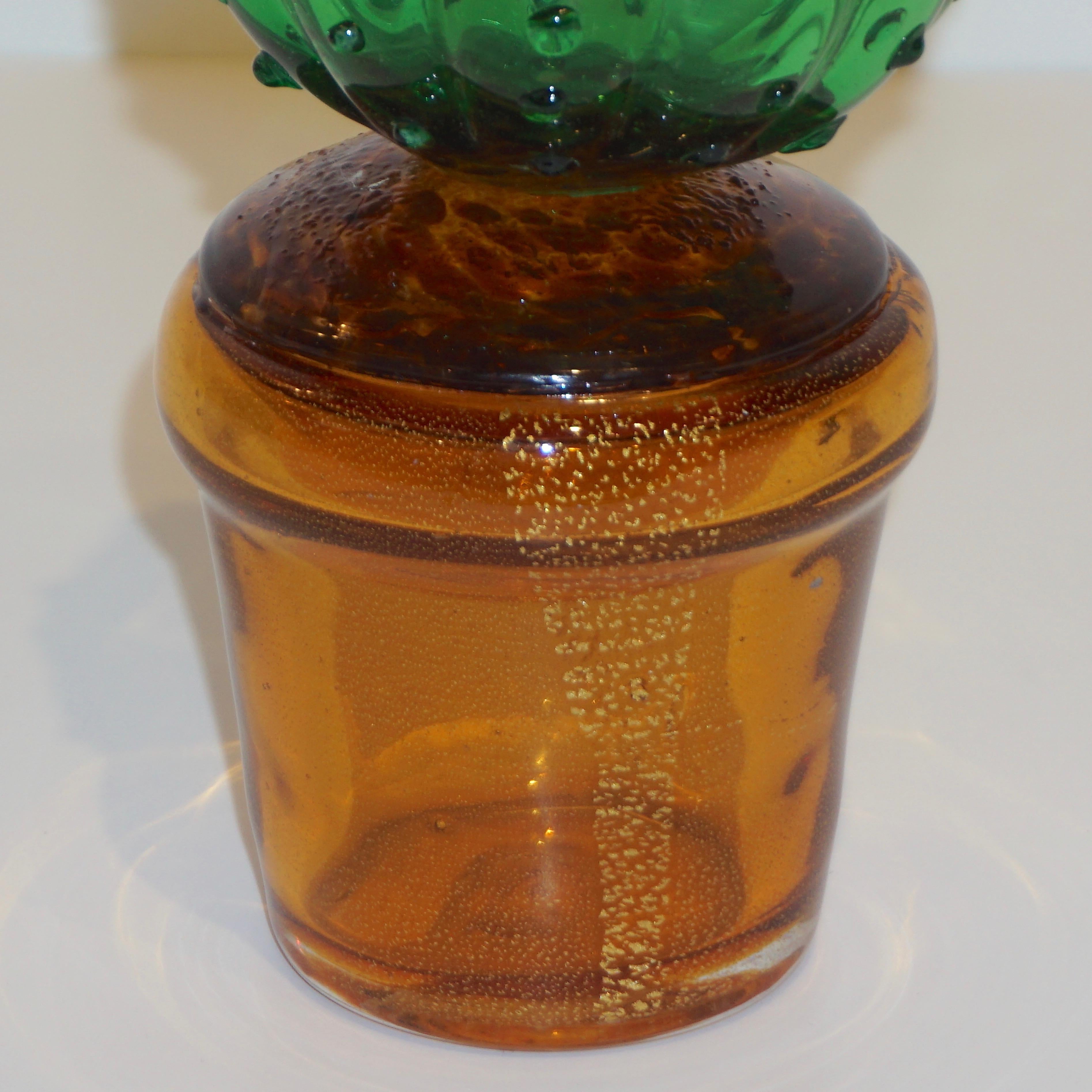 Hand-Crafted 1990s Vintage Italian Vivid Green Murano Glass Small Cactus Plant in Gold Pot For Sale