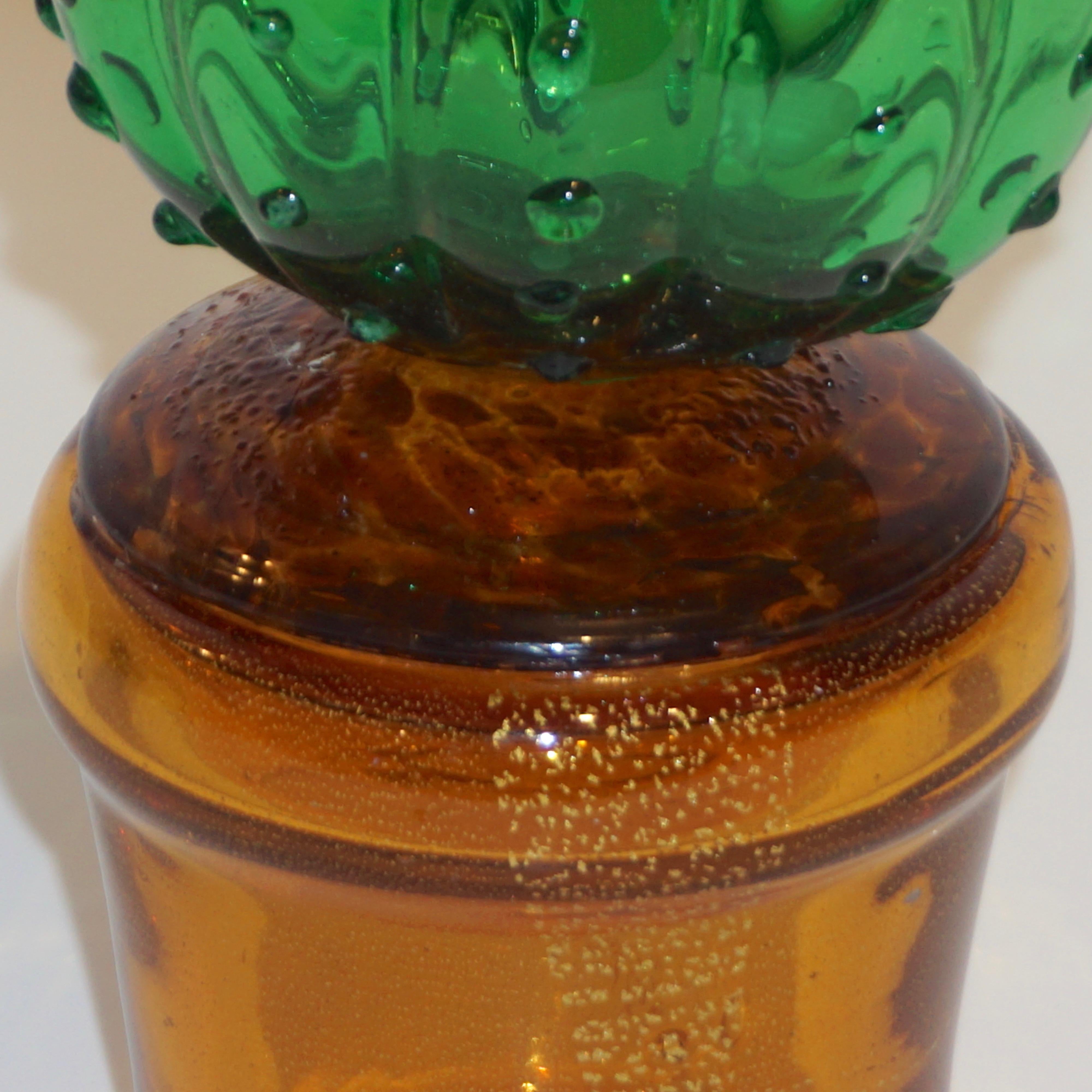 Late 20th Century 1990s Vintage Italian Vivid Green Murano Glass Small Cactus Plant in Gold Pot For Sale