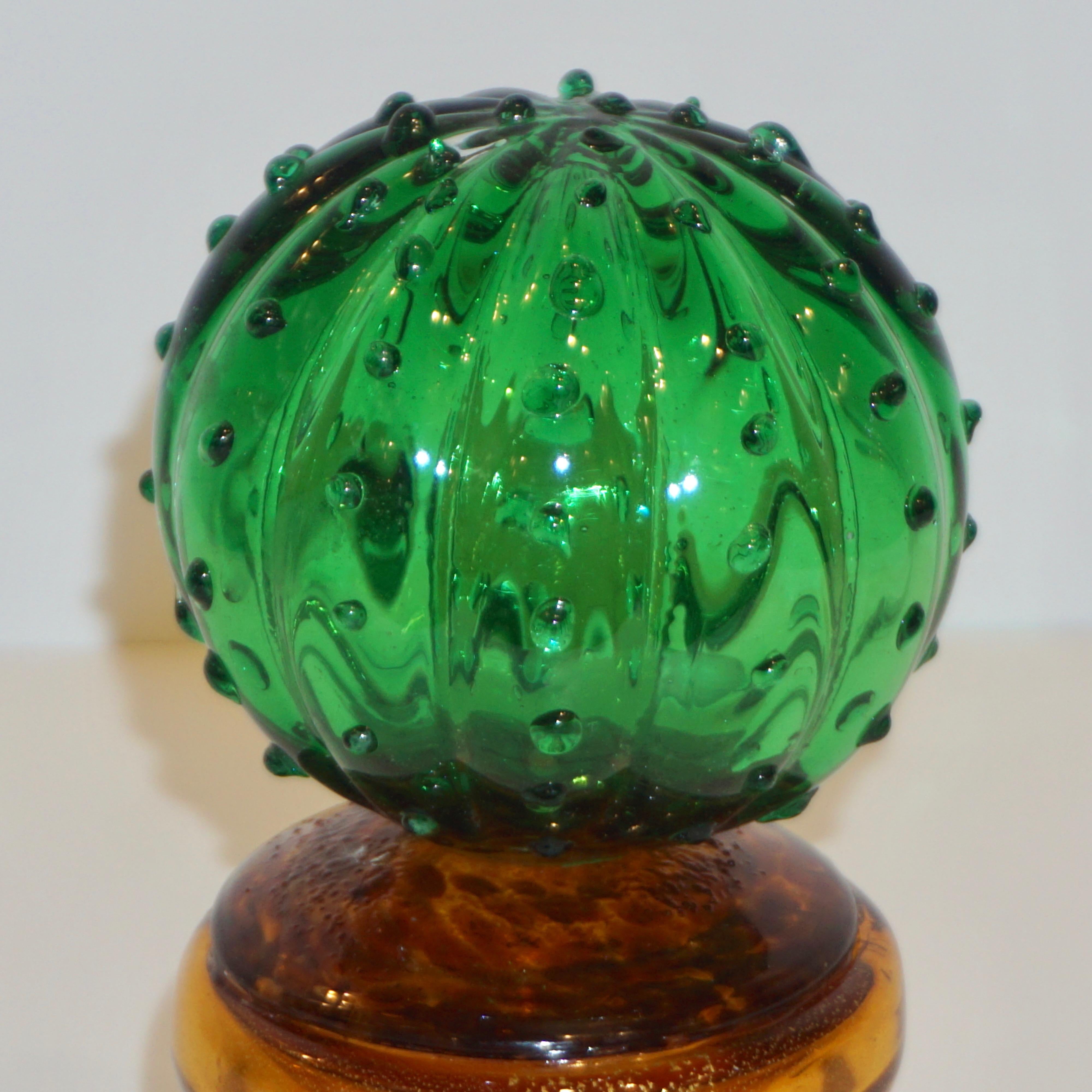 1990s Vintage Italian Vivid Green Murano Glass Small Cactus Plant in Gold Pot For Sale 1