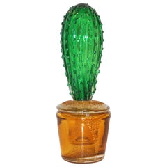 1990s Vintage Italian Vivid Green Murano Glass Tall Cactus Plant in Gold Pot