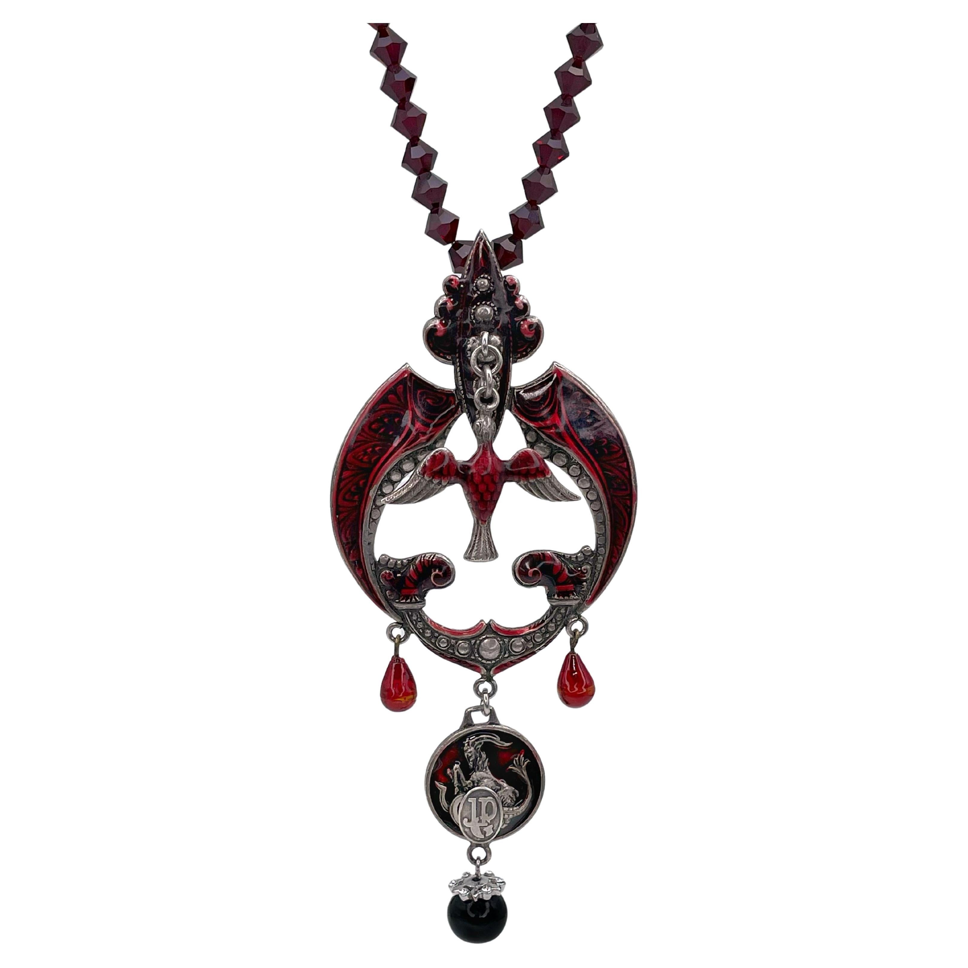 1990s Vintage Jean Paul Gaultier Bird Red Enamel Bead Gothic Necklace