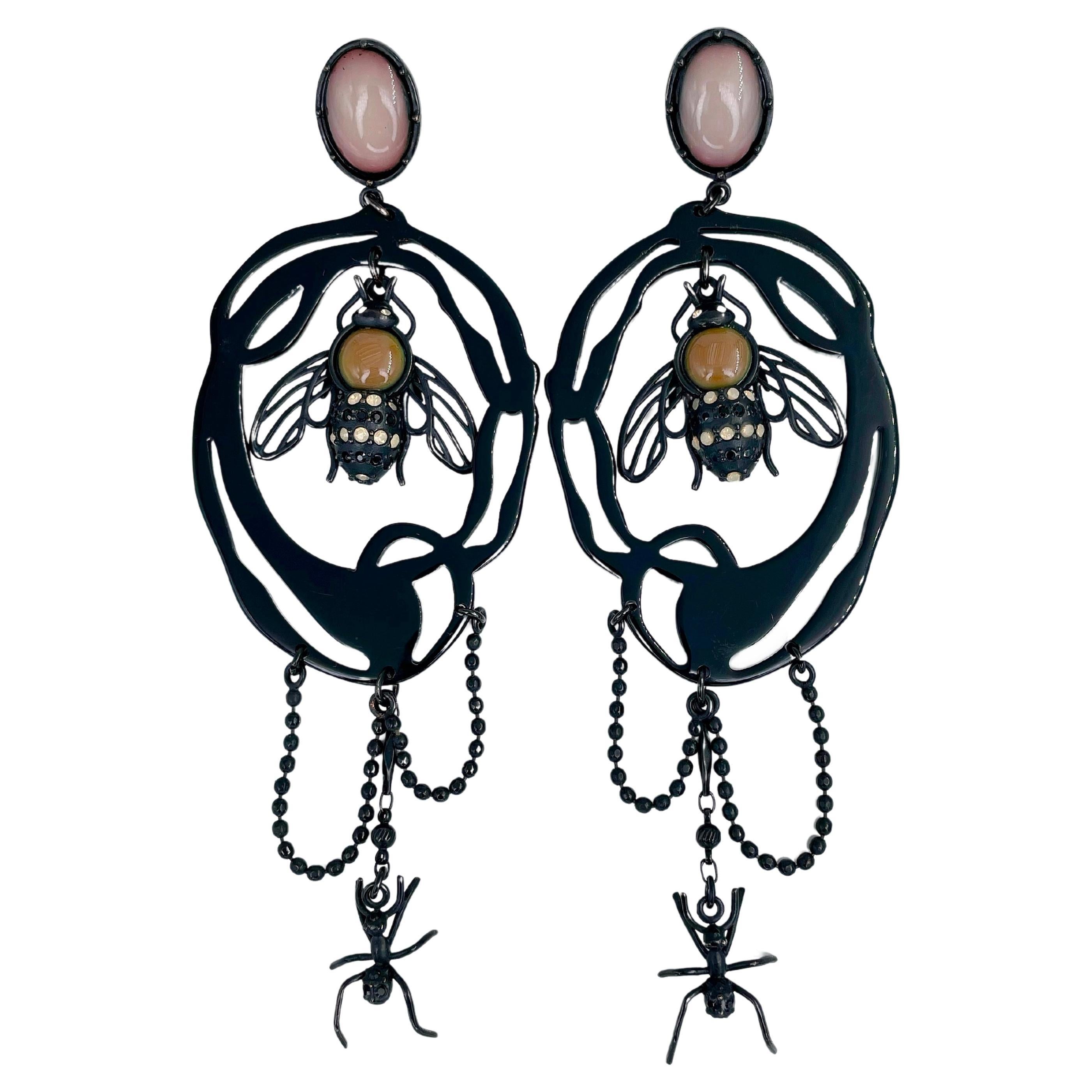 1990s Vintage Jean Paul Gaultier Black Resin Bee Insect Massive Drop  Earrings