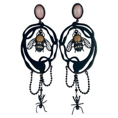 1990s Vintage Jean Paul Gaultier Black Resin Bee Insect Massive Drop Earrings