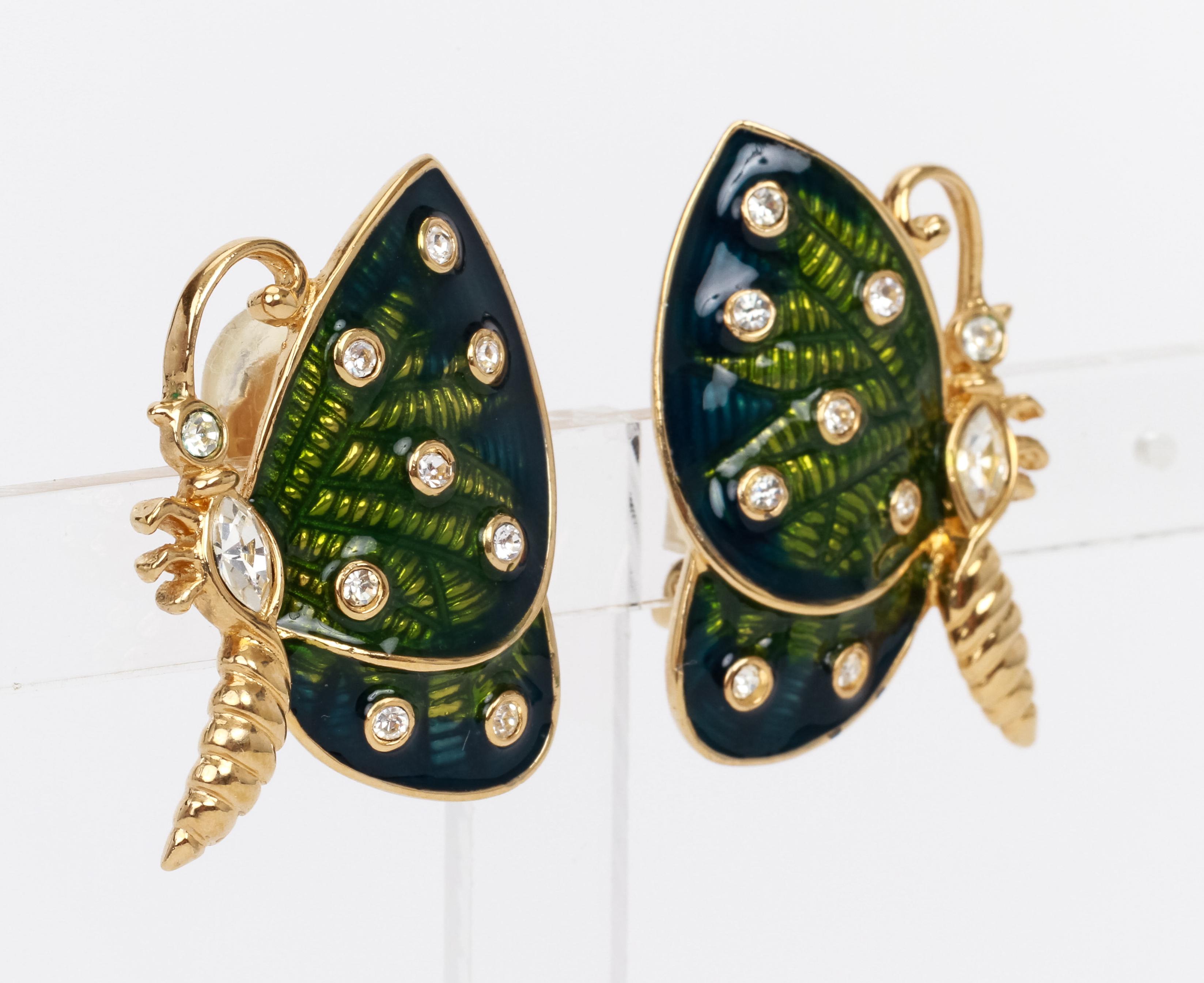 Judith Leiber enamel butterfly ear clips with green wings and rhinestones