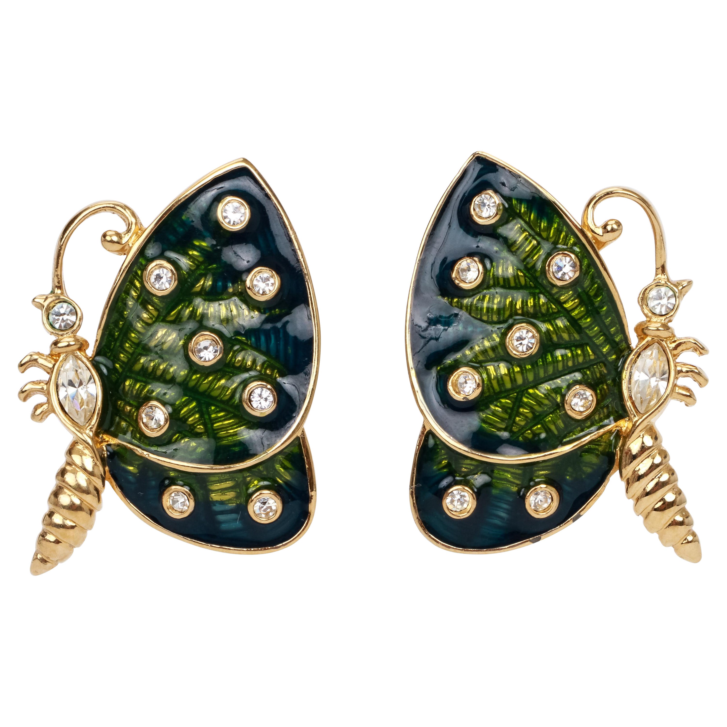 Judith Leiber Clips d'oreilles papillons vintage en émail, années 1990