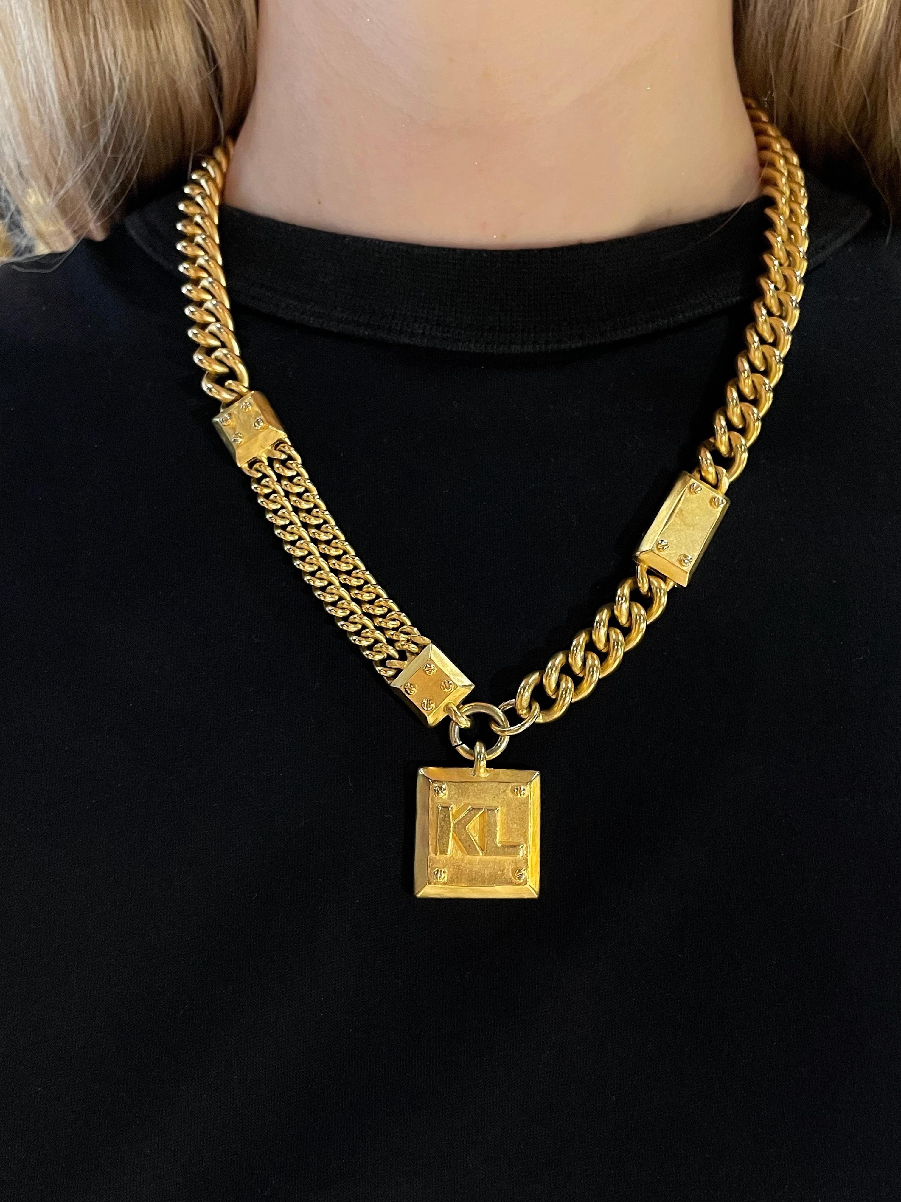 Modern 1990s Vintage Karl Lagerfeld Gold Tone Logo Chain Necklace  For Sale