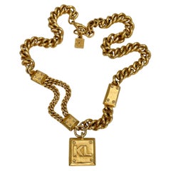 1990s Retro Karl Lagerfeld Gold Tone Logo Chain Necklace 
