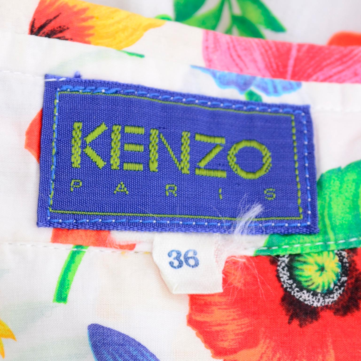 1990s Vintage Kenzo Poppy Floral Print Cotton Shirtwaist Dress With Full Skirt 3
