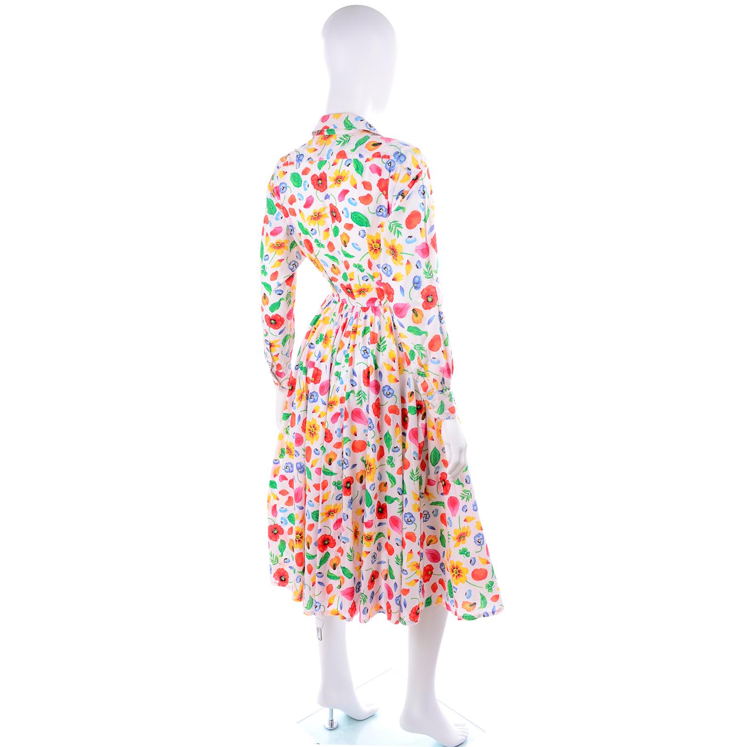Beige 1990s Vintage Kenzo Poppy Floral Print Cotton Shirtwaist Dress With Full Skirt