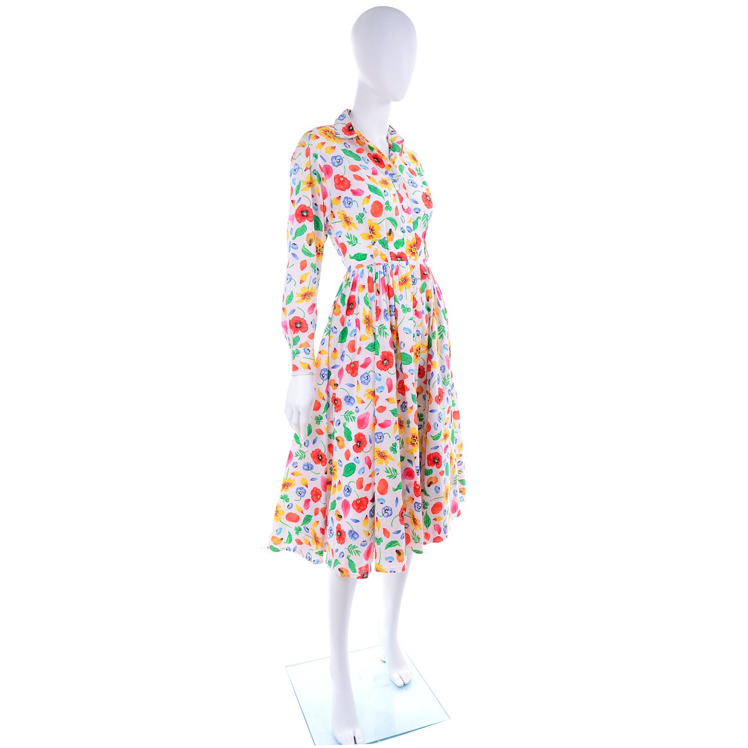 1990s Vintage Kenzo Poppy Floral Print Cotton Shirtwaist Dress With Full Skirt In Excellent Condition In Portland, OR
