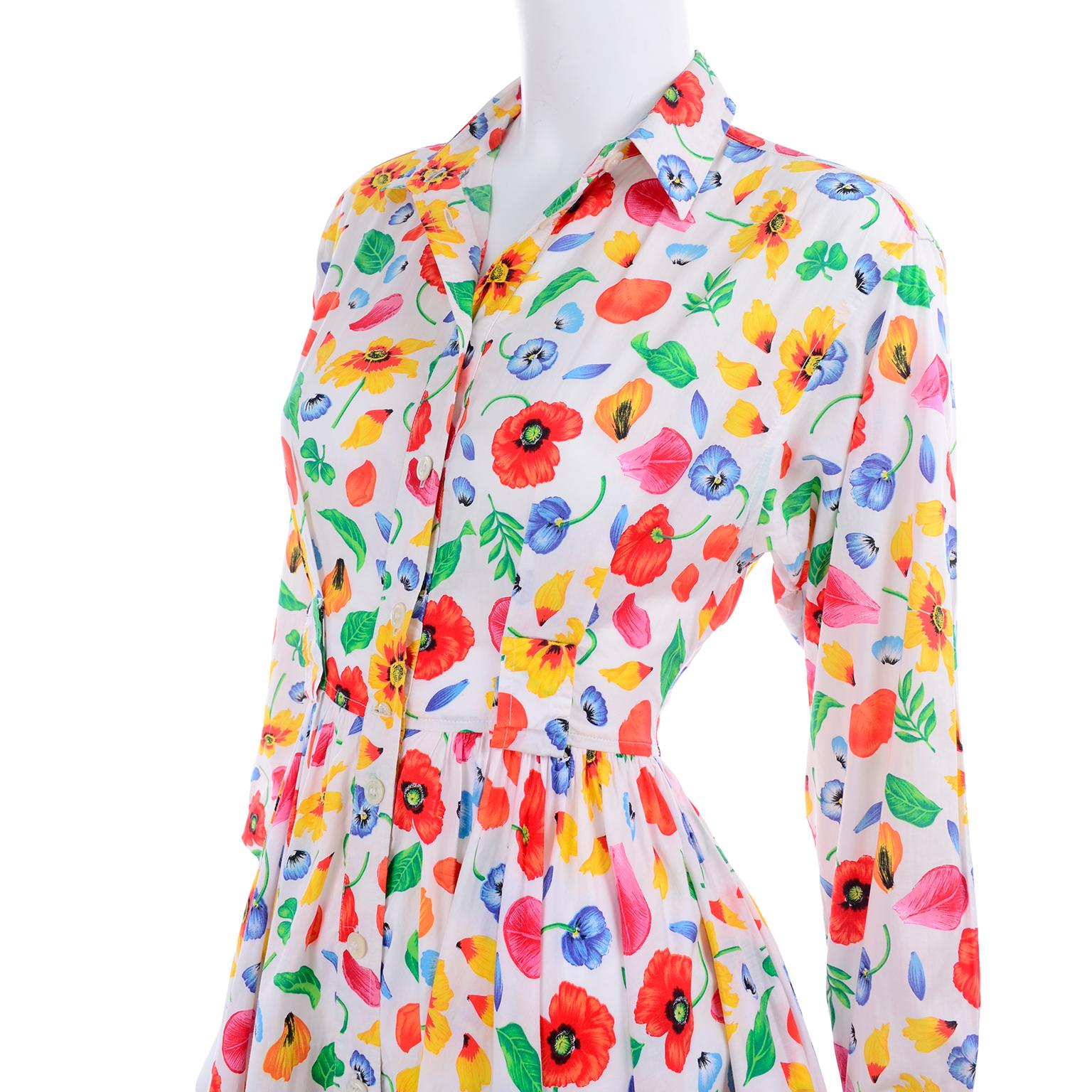 Women's 1990s Vintage Kenzo Poppy Floral Print Cotton Shirtwaist Dress With Full Skirt