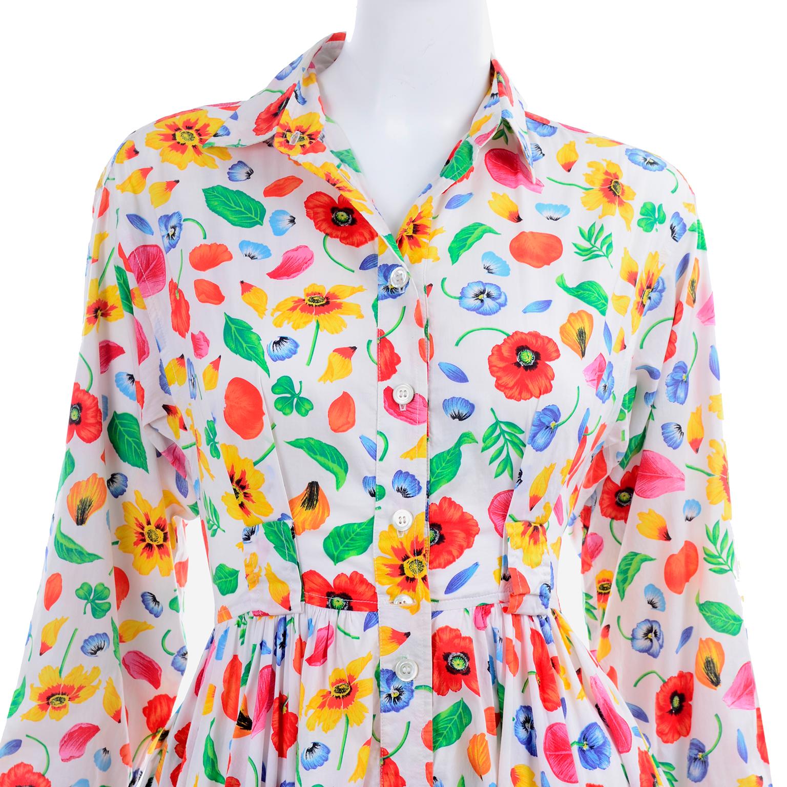 1990s Vintage Kenzo Poppy Floral Print Cotton Shirtwaist Dress With Full Skirt 1