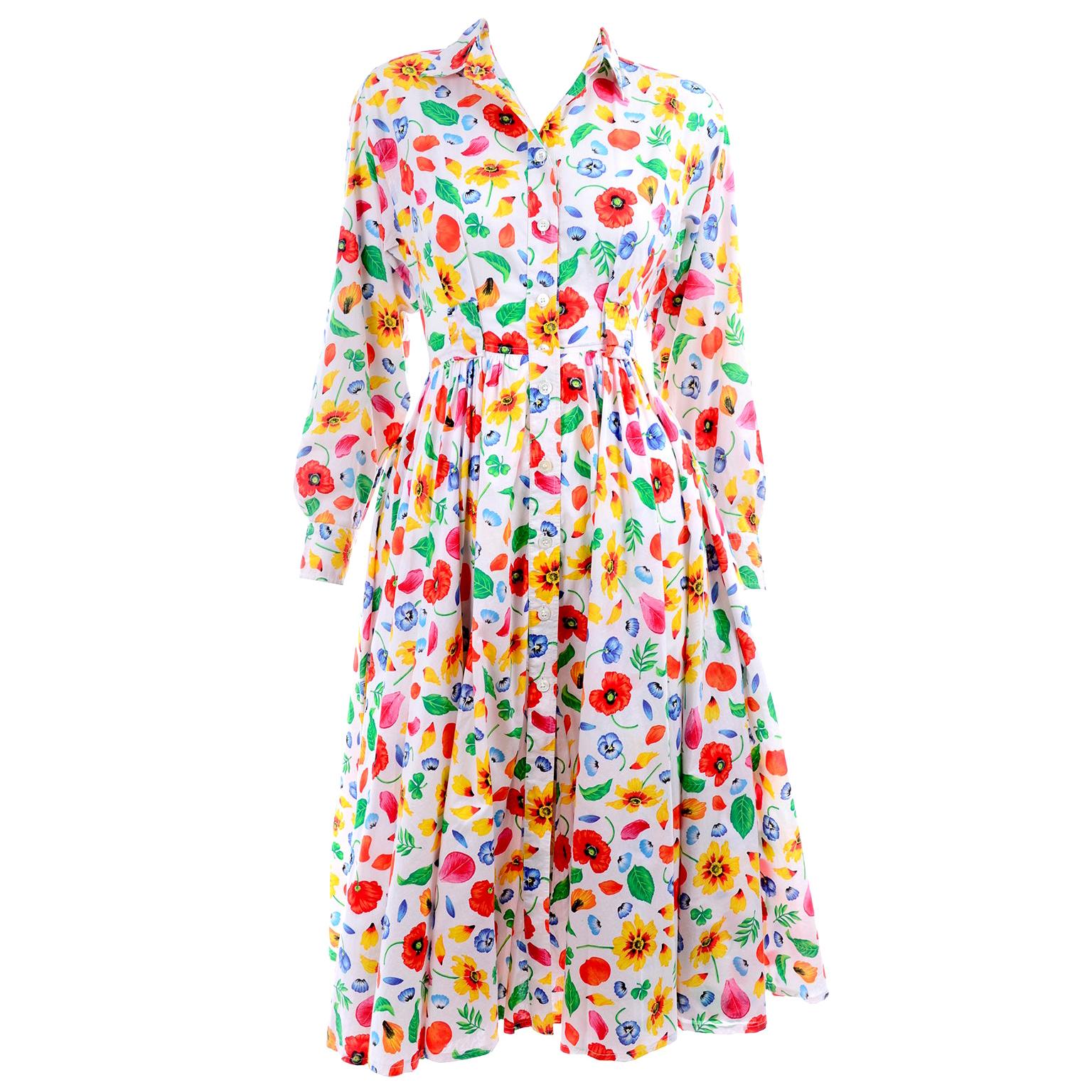 1990s Vintage Kenzo Poppy Floral Print Cotton Shirtwaist Dress With Full Skirt