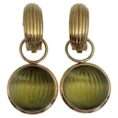 1990s Vintage Lalique Gold Tone Large Green Pressed Glass Clip on Earrings