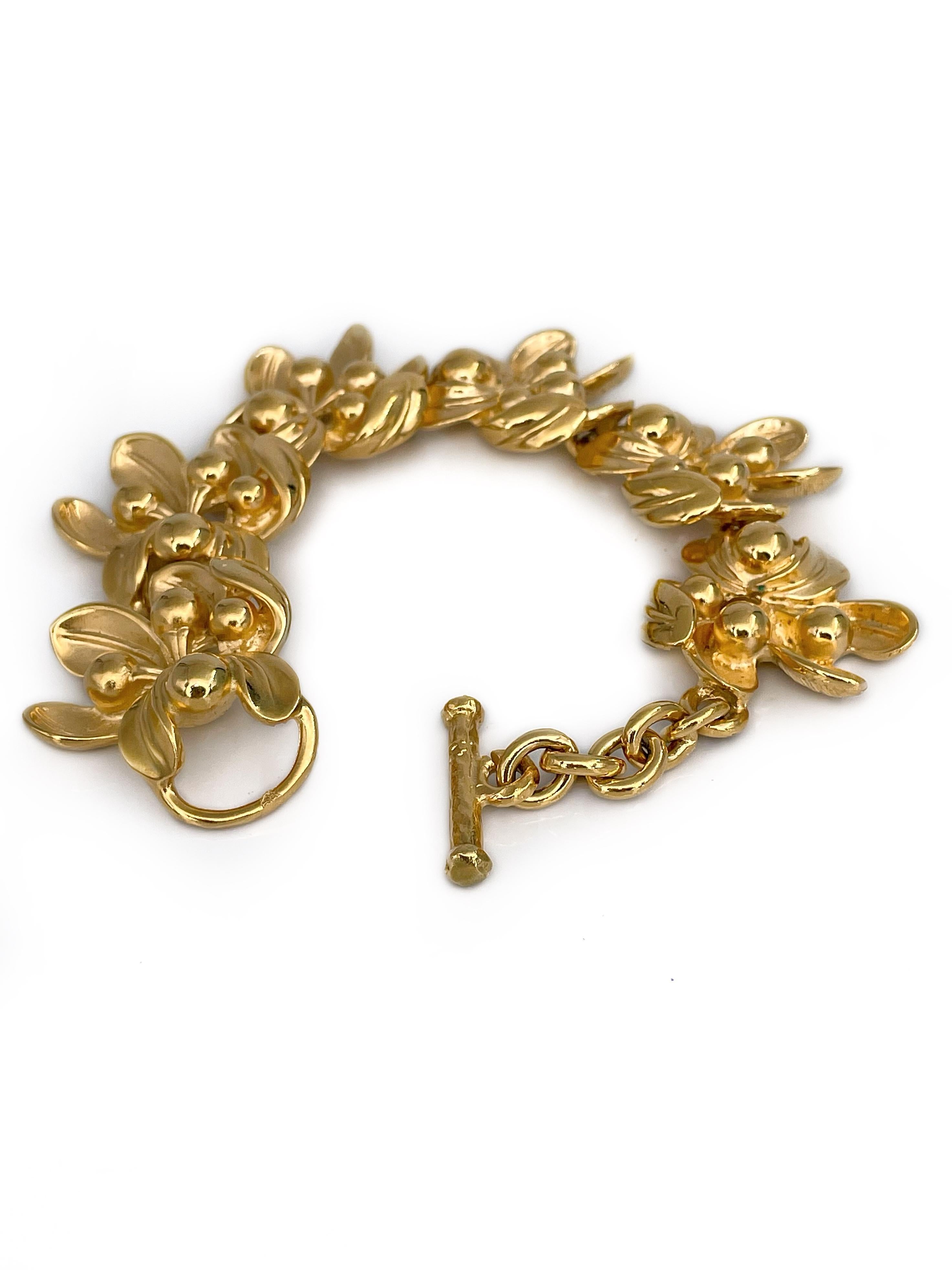 1990s Vintage Lanvin Gold Tone Floral Design Bracelet 1