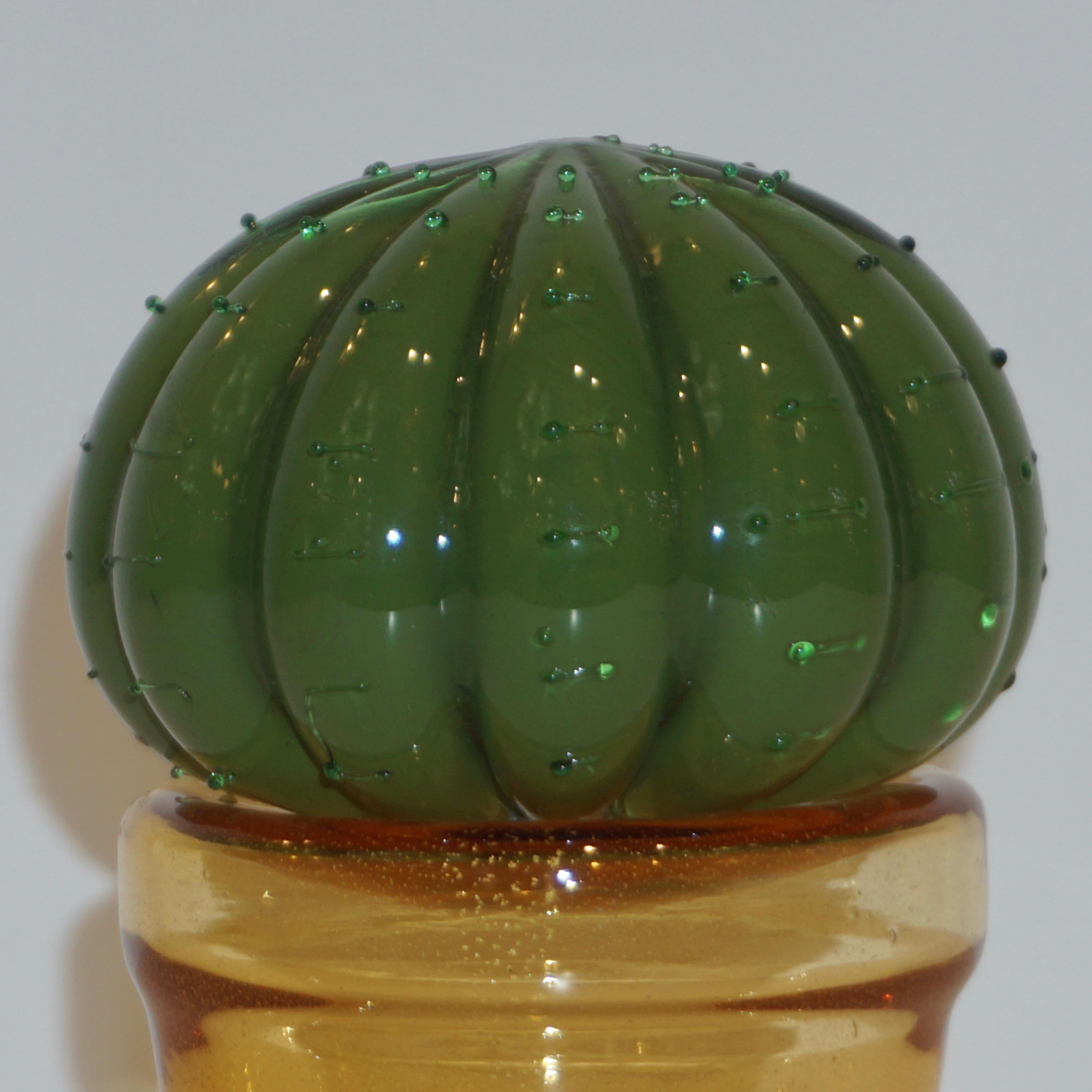 Hand-Crafted 1990s Vintage Limited Edition Green Murano Glass Small Cactus Plant in Gold Pot