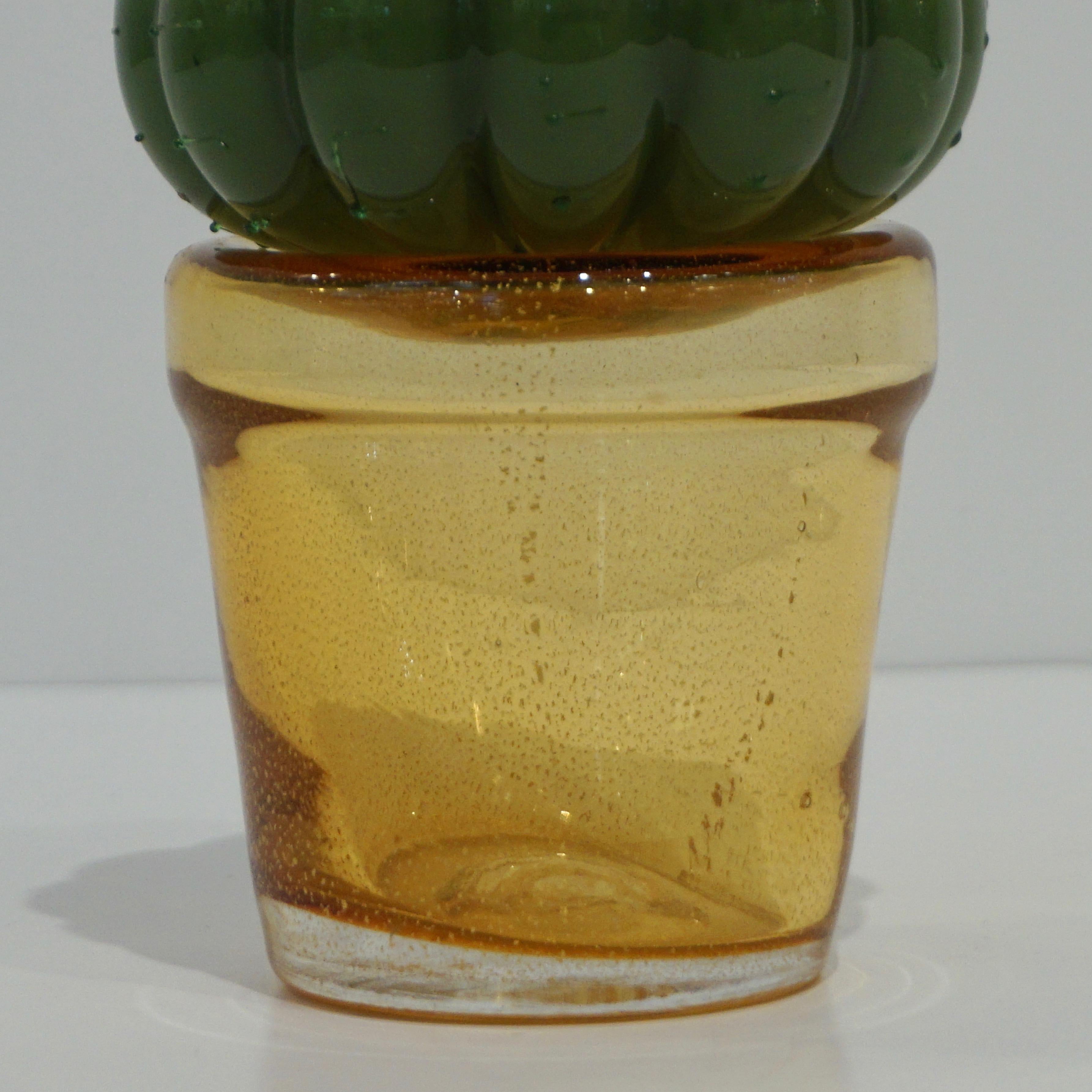 1990s Vintage Limited Edition Green Murano Glass Small Cactus Plant in Gold Pot In Excellent Condition In New York, NY