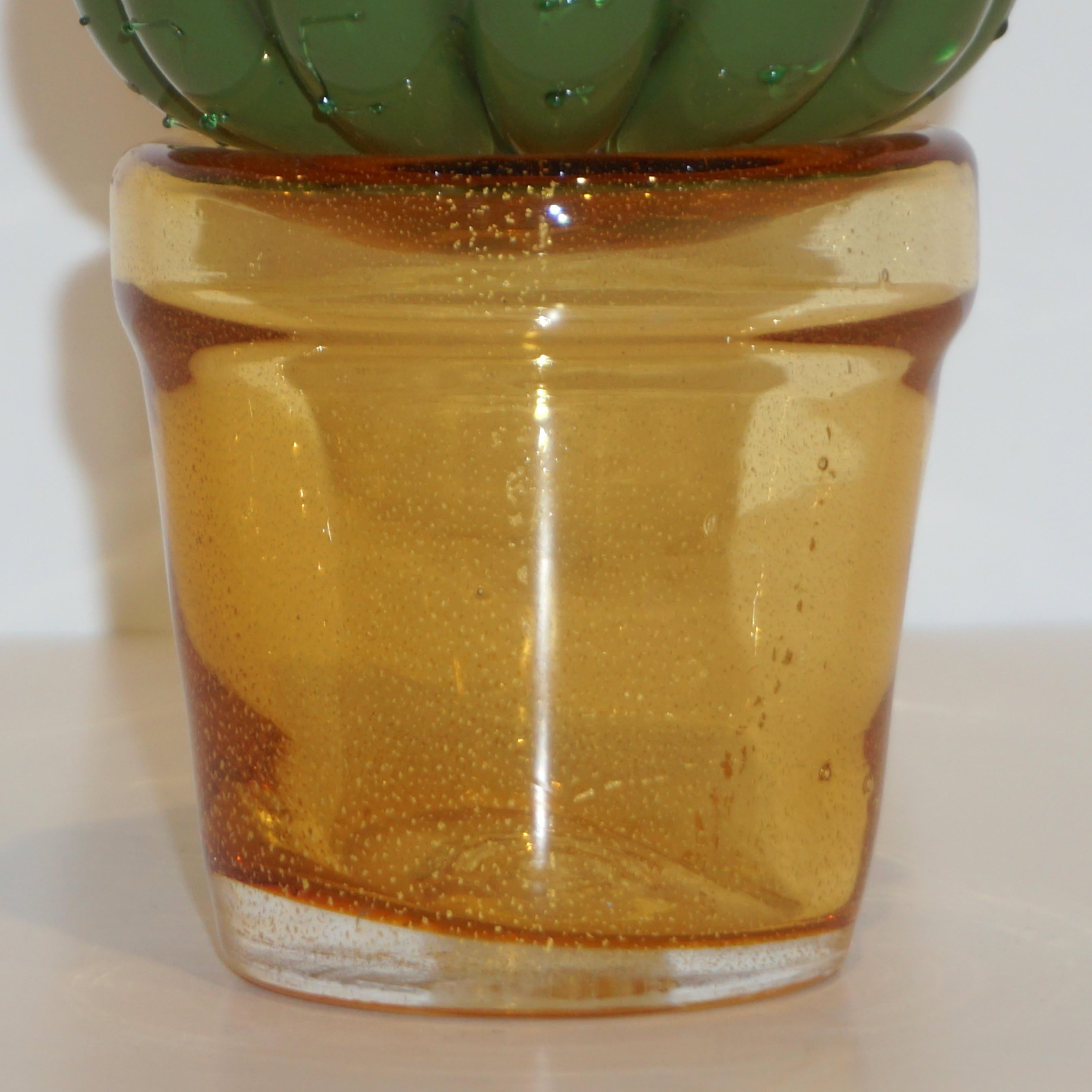 Late 20th Century 1990s Vintage Limited Edition Green Murano Glass Small Cactus Plant in Gold Pot