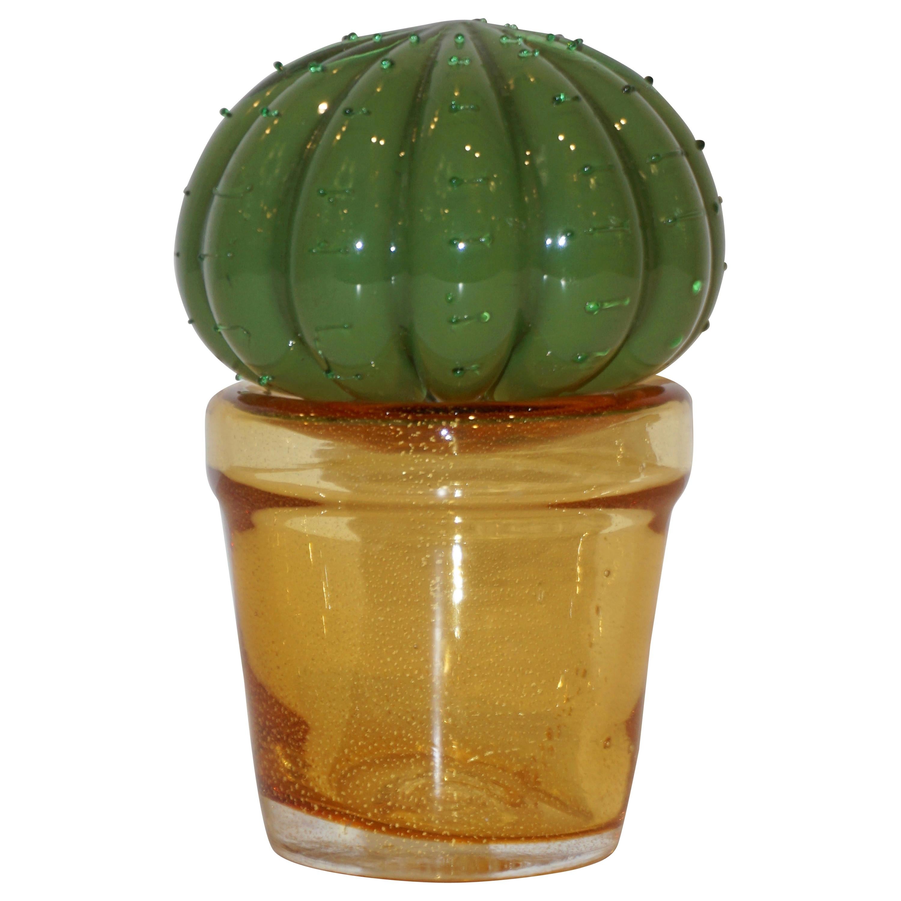 1990s Vintage Limited Edition Green Murano Glass Small Cactus Plant in Gold Pot