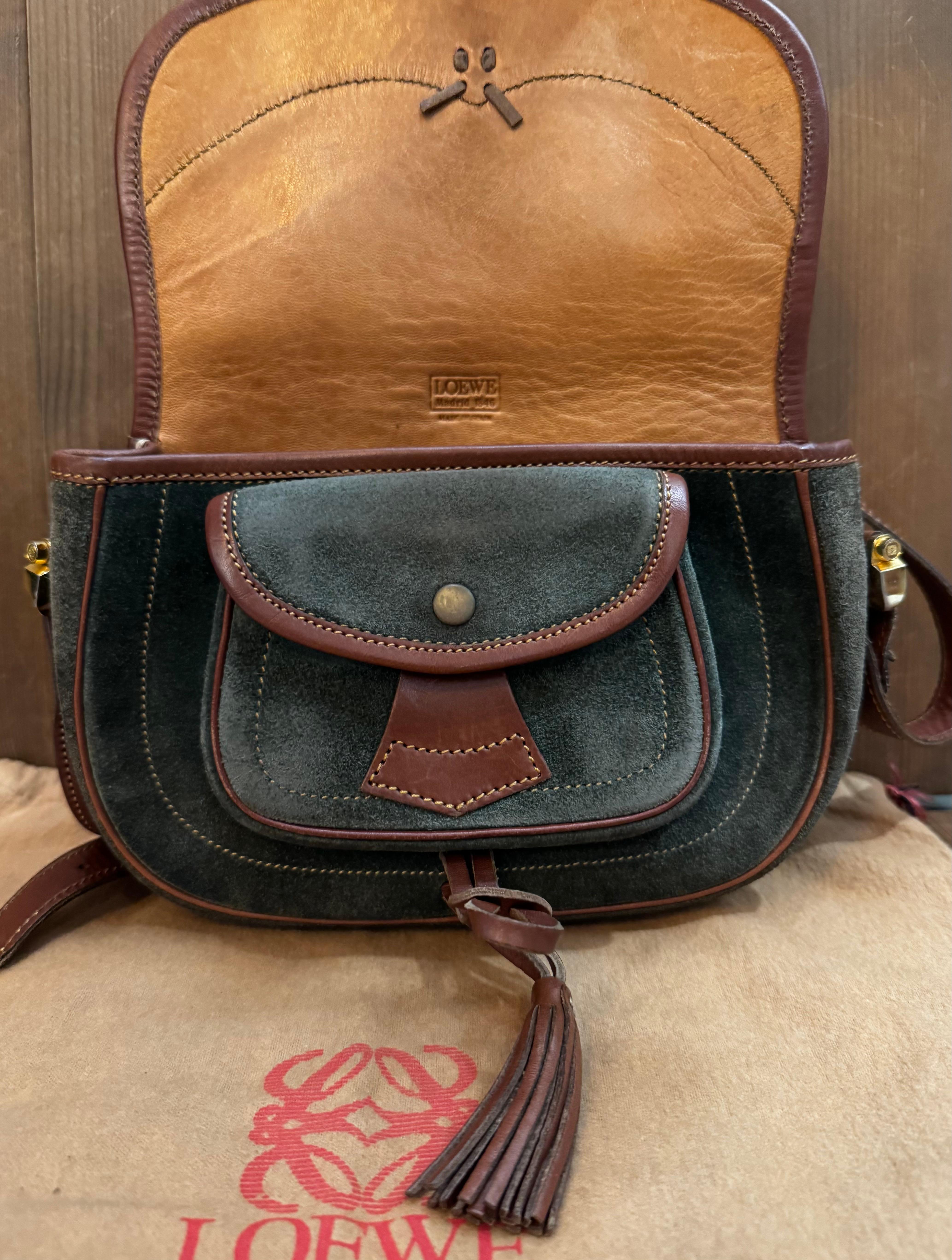 1990s Vintage LOEWE Anagram Suede Leather Crossbody Bag Green Brown Unisex 8