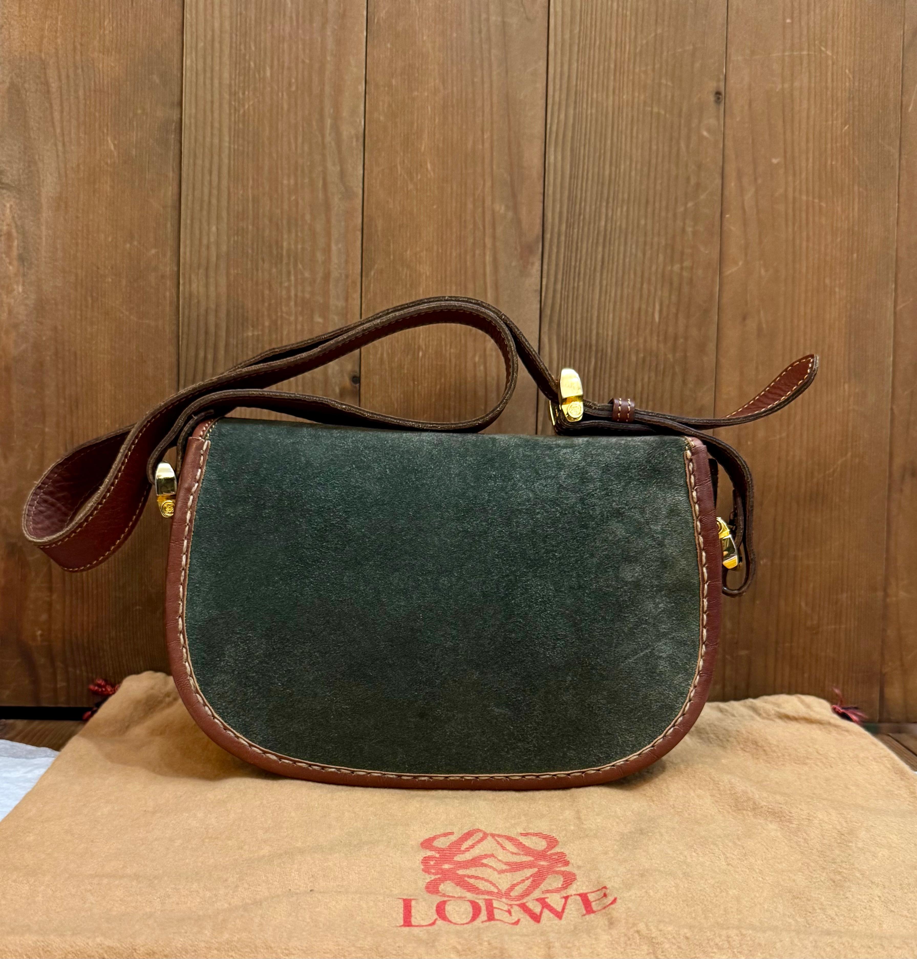 Black 1990s Vintage LOEWE Anagram Suede Leather Crossbody Bag Green Brown Unisex