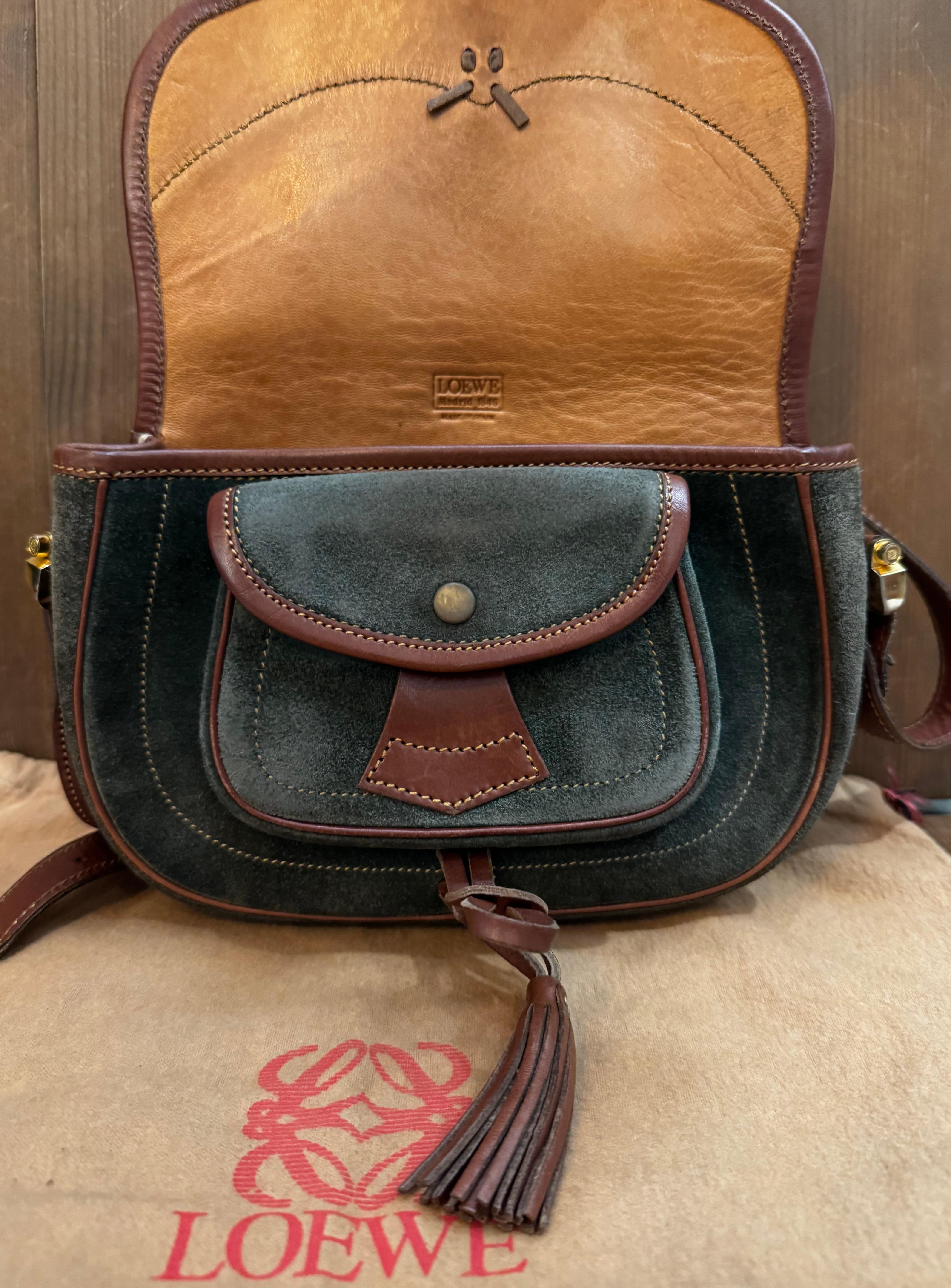 1990s Vintage LOEWE Anagram Suede Leather Crossbody Bag Green Brown Unisex In Fair Condition In Bangkok, TH