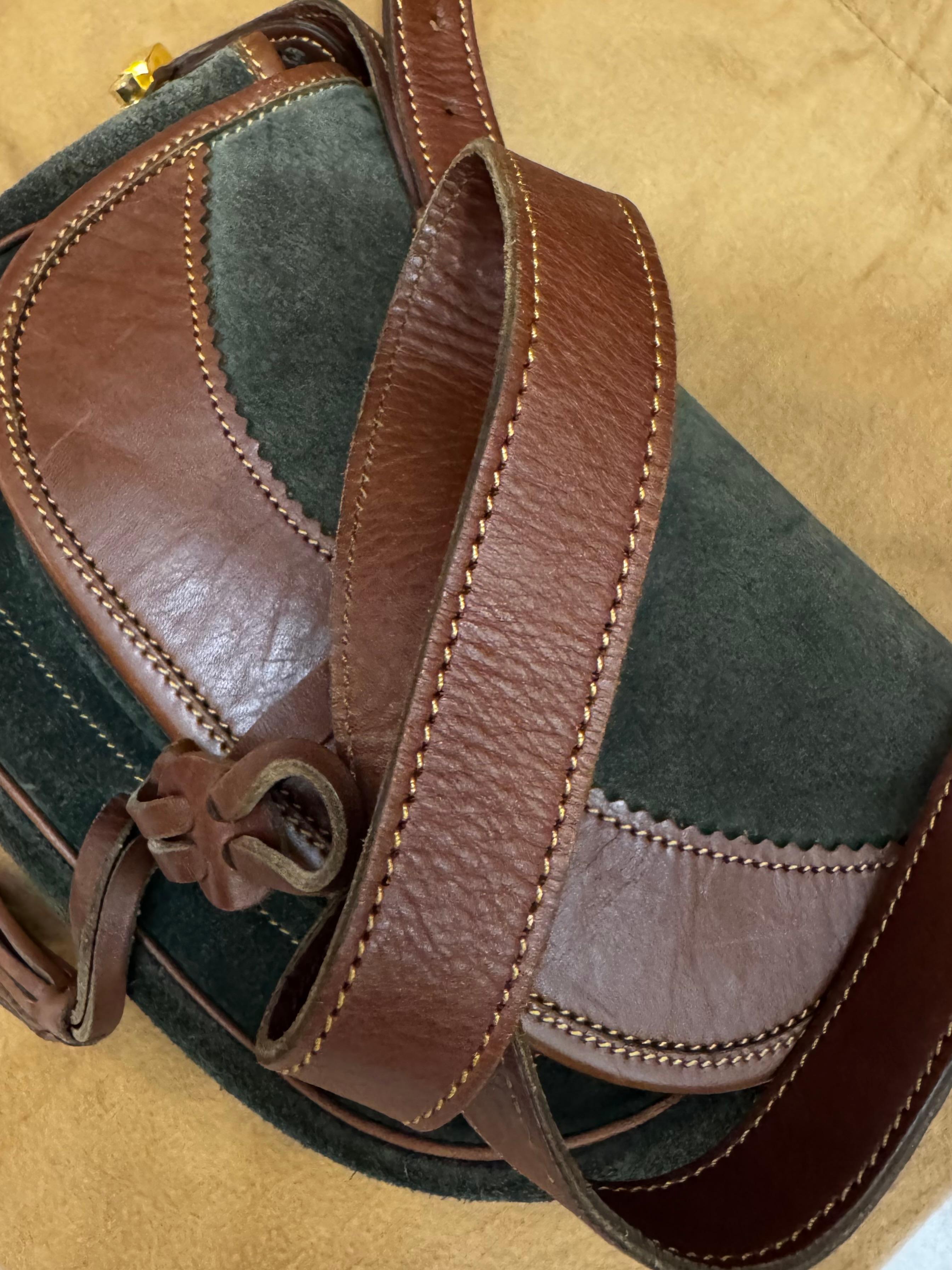 1990s Vintage LOEWE Anagram Suede Leather Crossbody Bag Green Brown Unisex 1