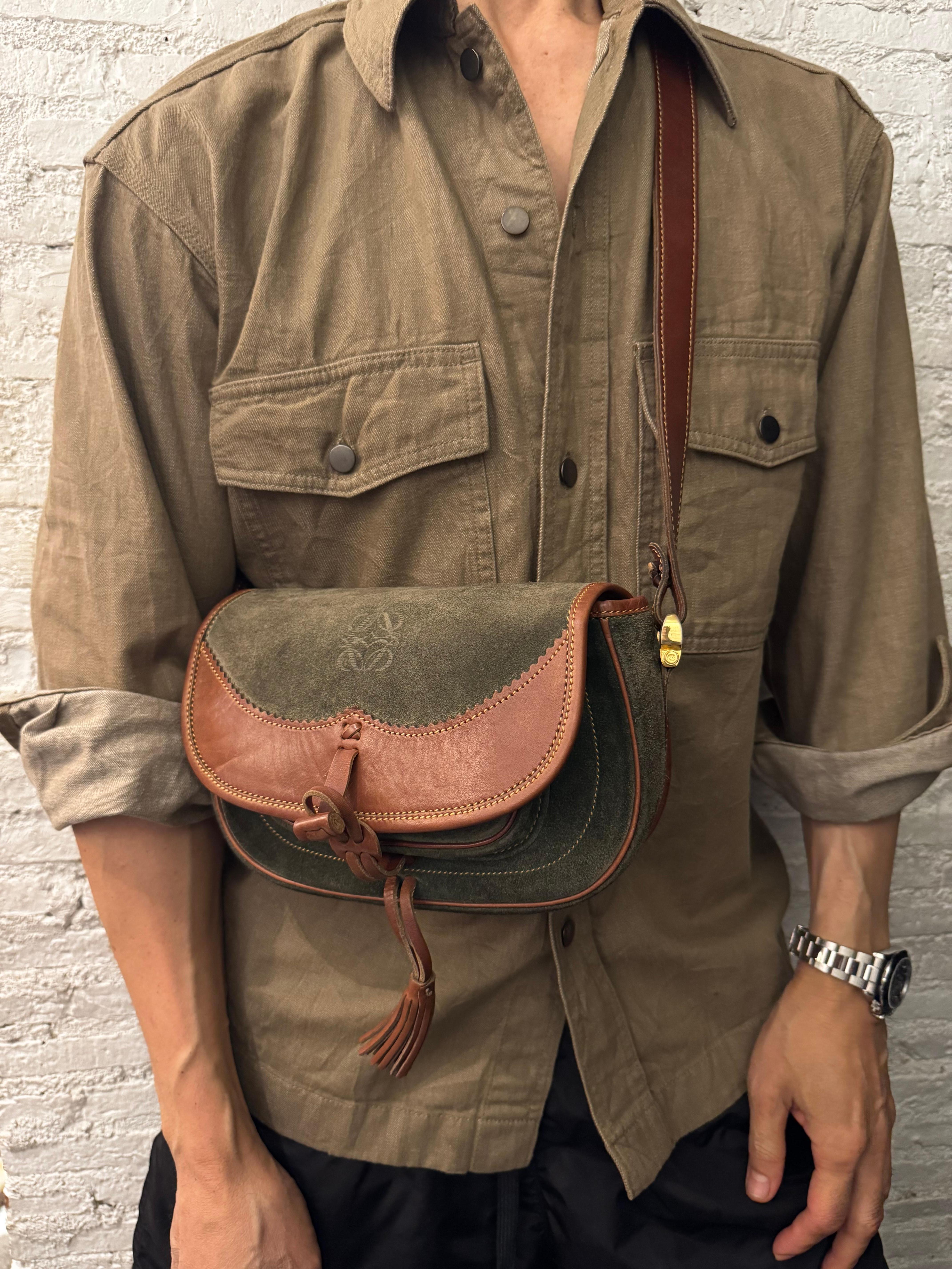 1990s Vintage LOEWE Anagram Suede Leather Crossbody Bag Green Brown Unisex 3