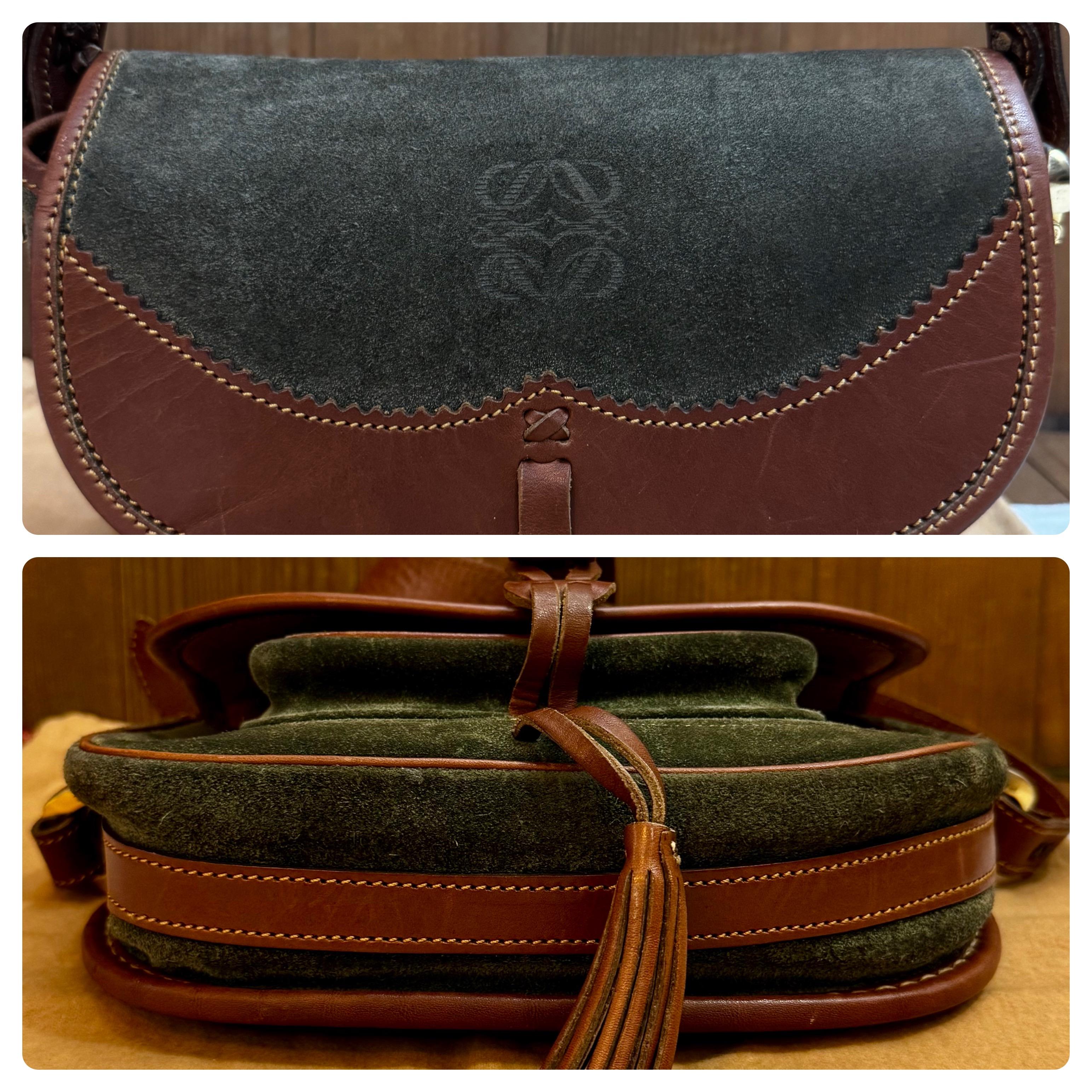 1990s Vintage LOEWE Anagram Suede Leather Crossbody Bag Green Brown Unisex 4