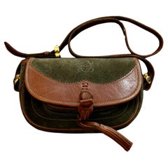 1990 Vintage LOEWE Anagram Suede Leather Crossbody Bag Green Brown Unisex