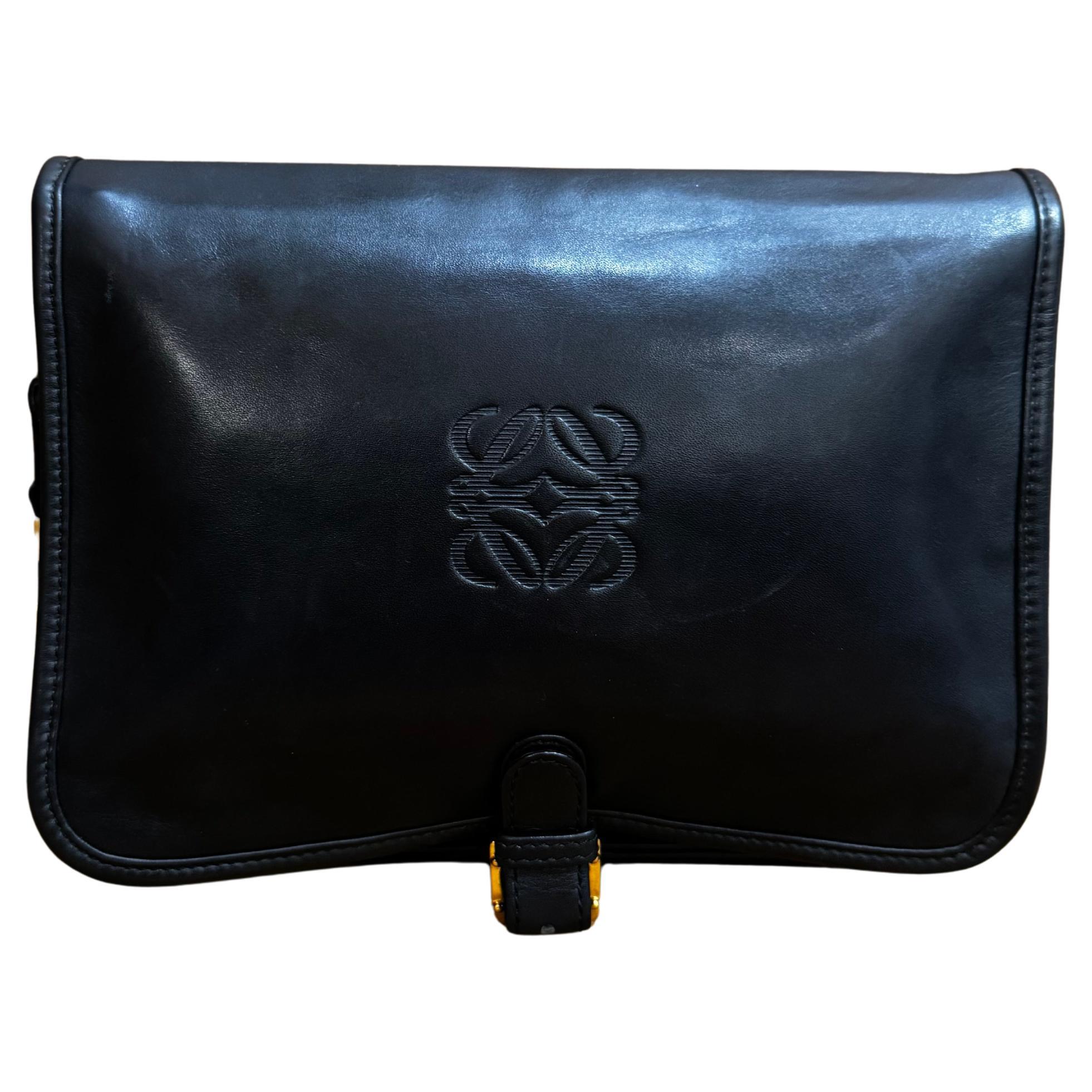 1990 Vintage LOEWE Pochette à deux volets en cuir de veau Noir