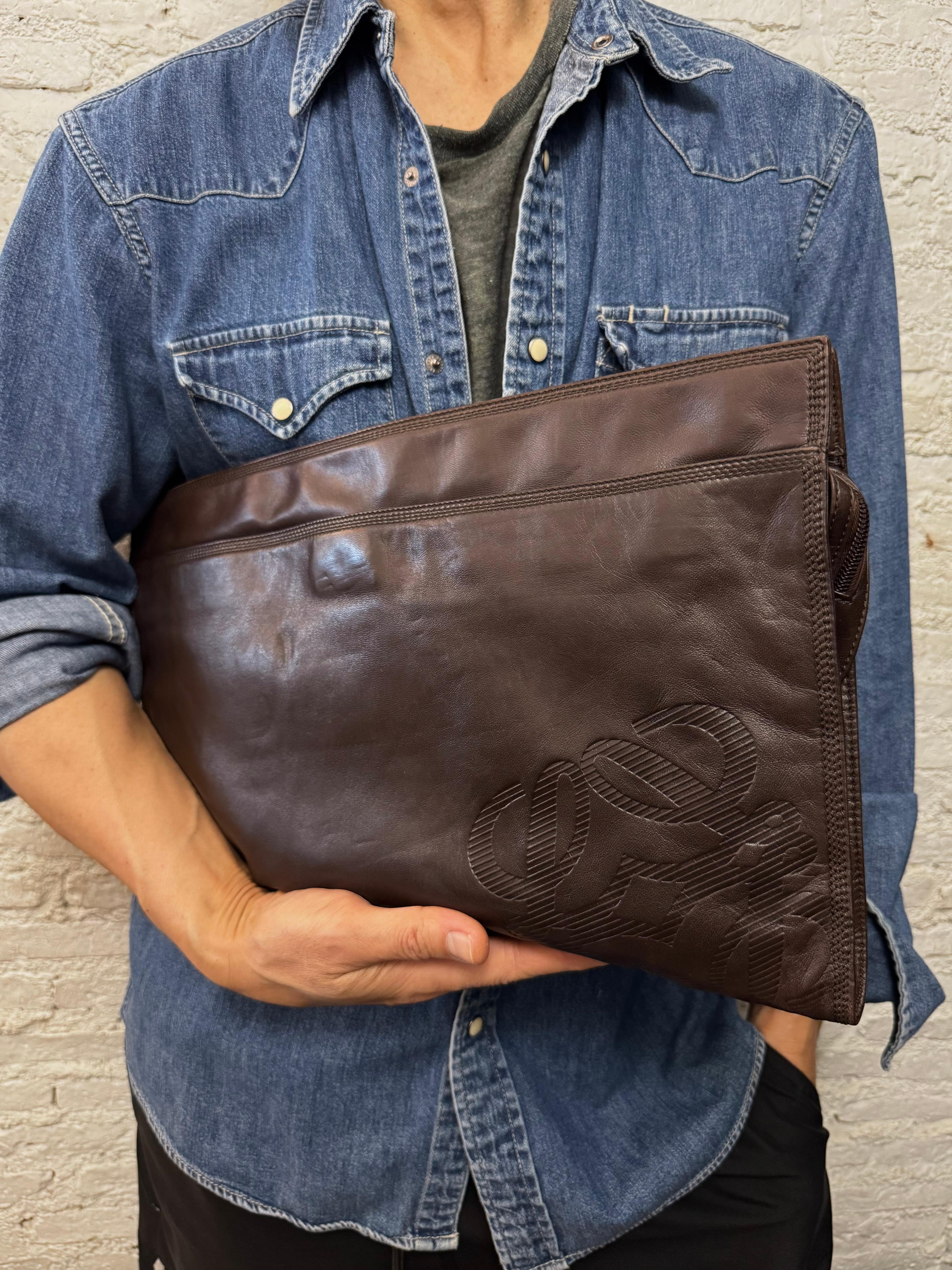 Black 1990s Vintage LOEWE Calfskin Leather XL Clutch Bag Brown For Sale