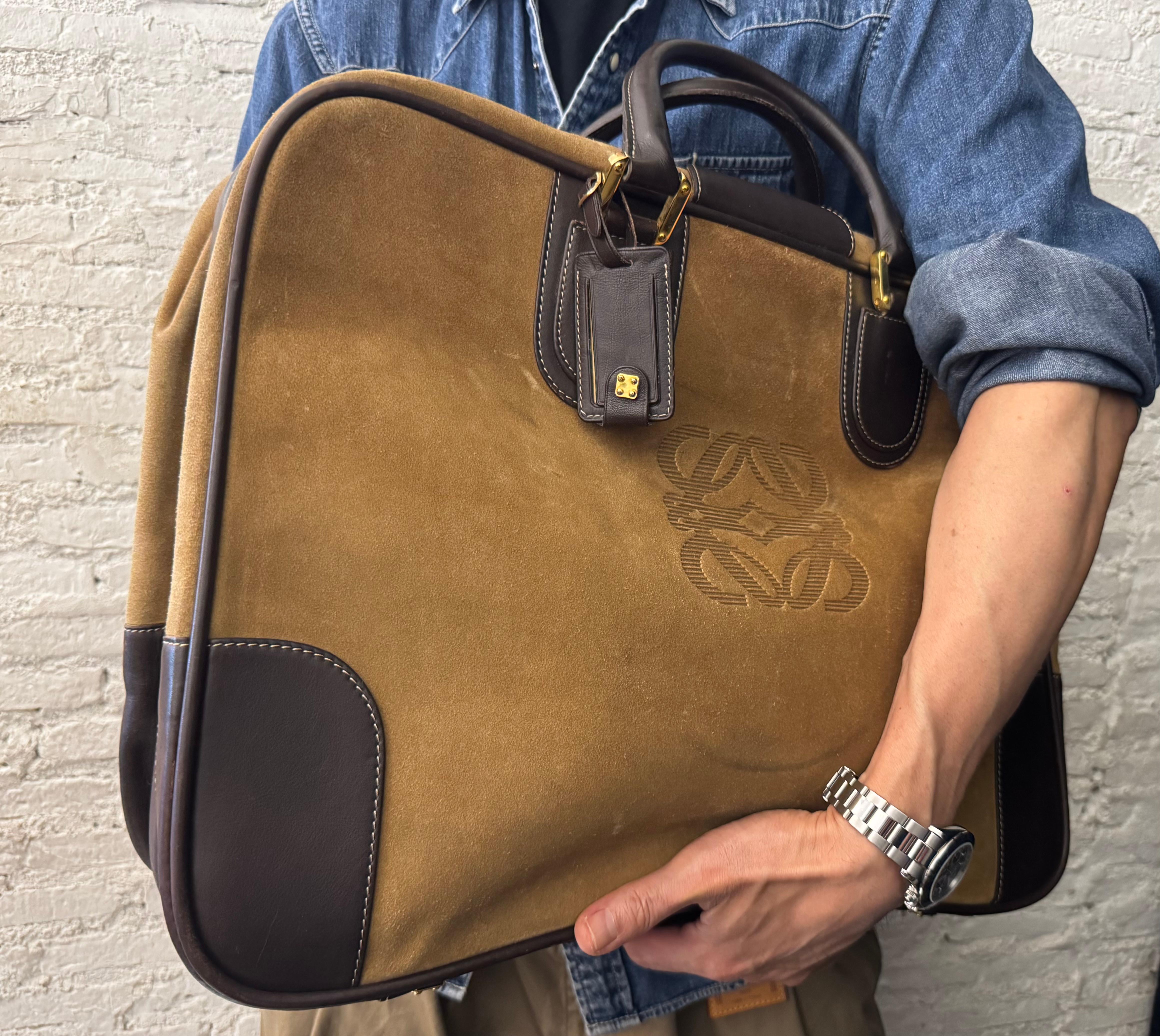 1990s Vintage LOEWE Softsided Suede Suitcase 50 Unisex Brown 12