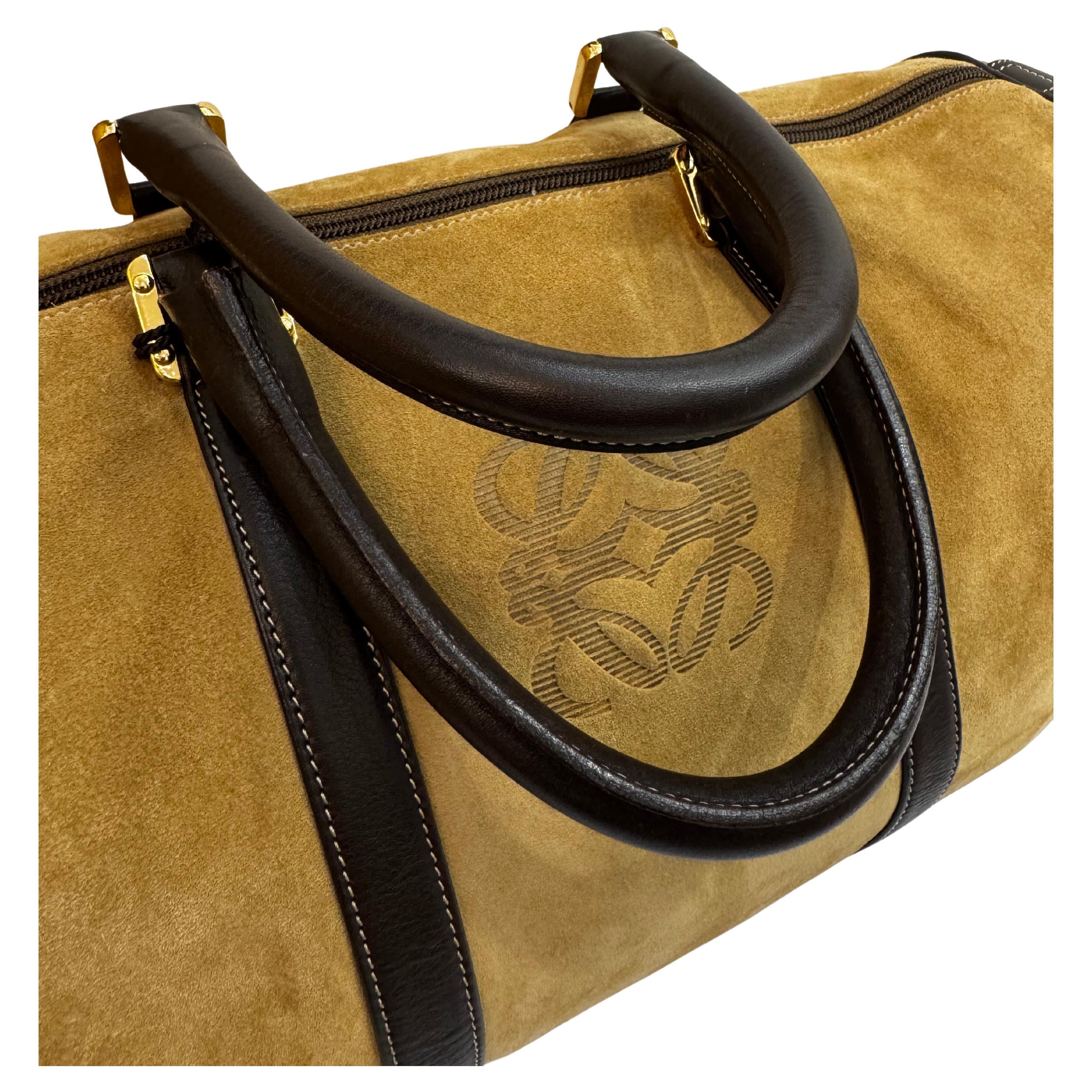 1990 Vintage LOEWE Suede Anagram Boston Bag 40 Brown 6