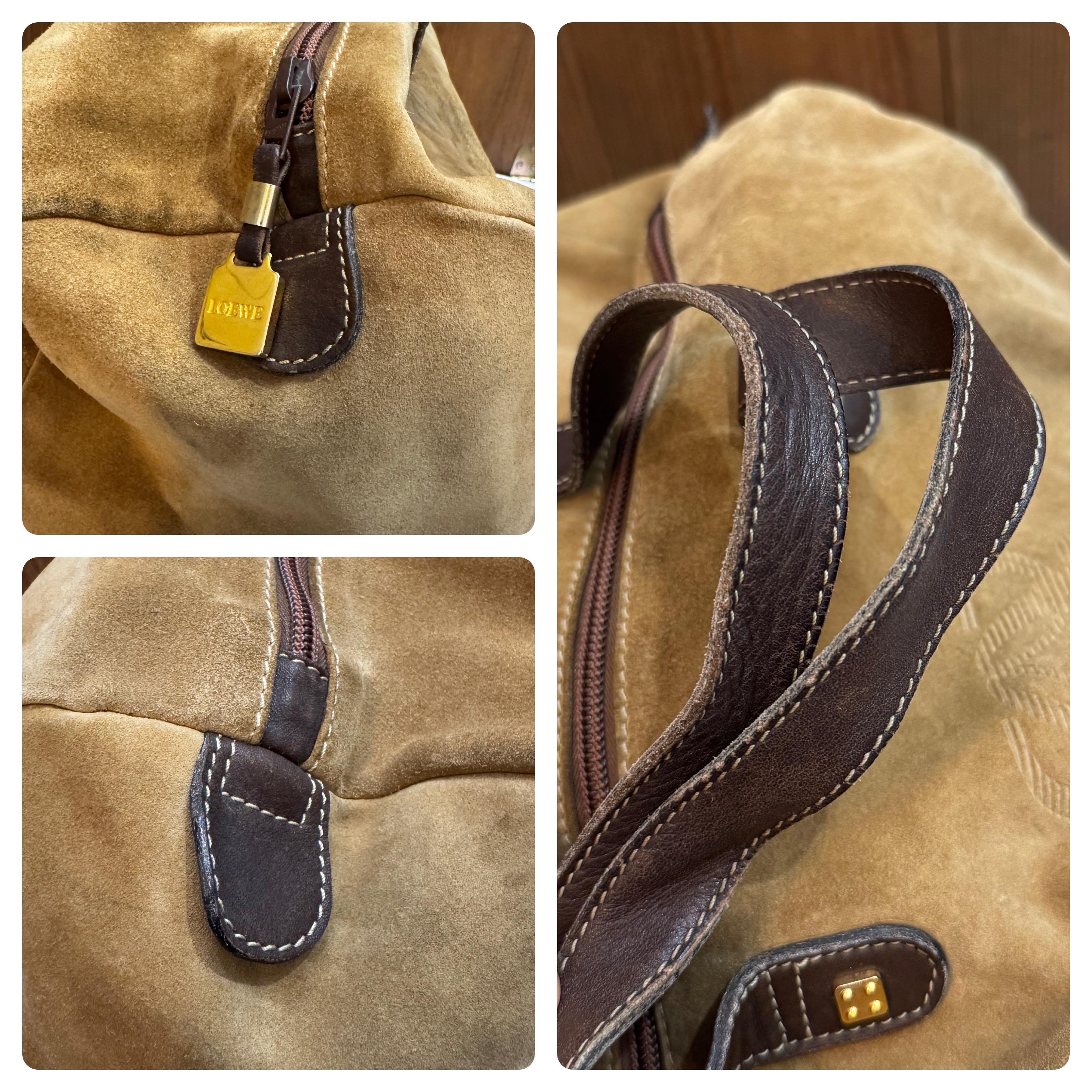 1990s Vintage LOEWE Suede Anagram Boston Bag 40 Brown Unisexe en vente