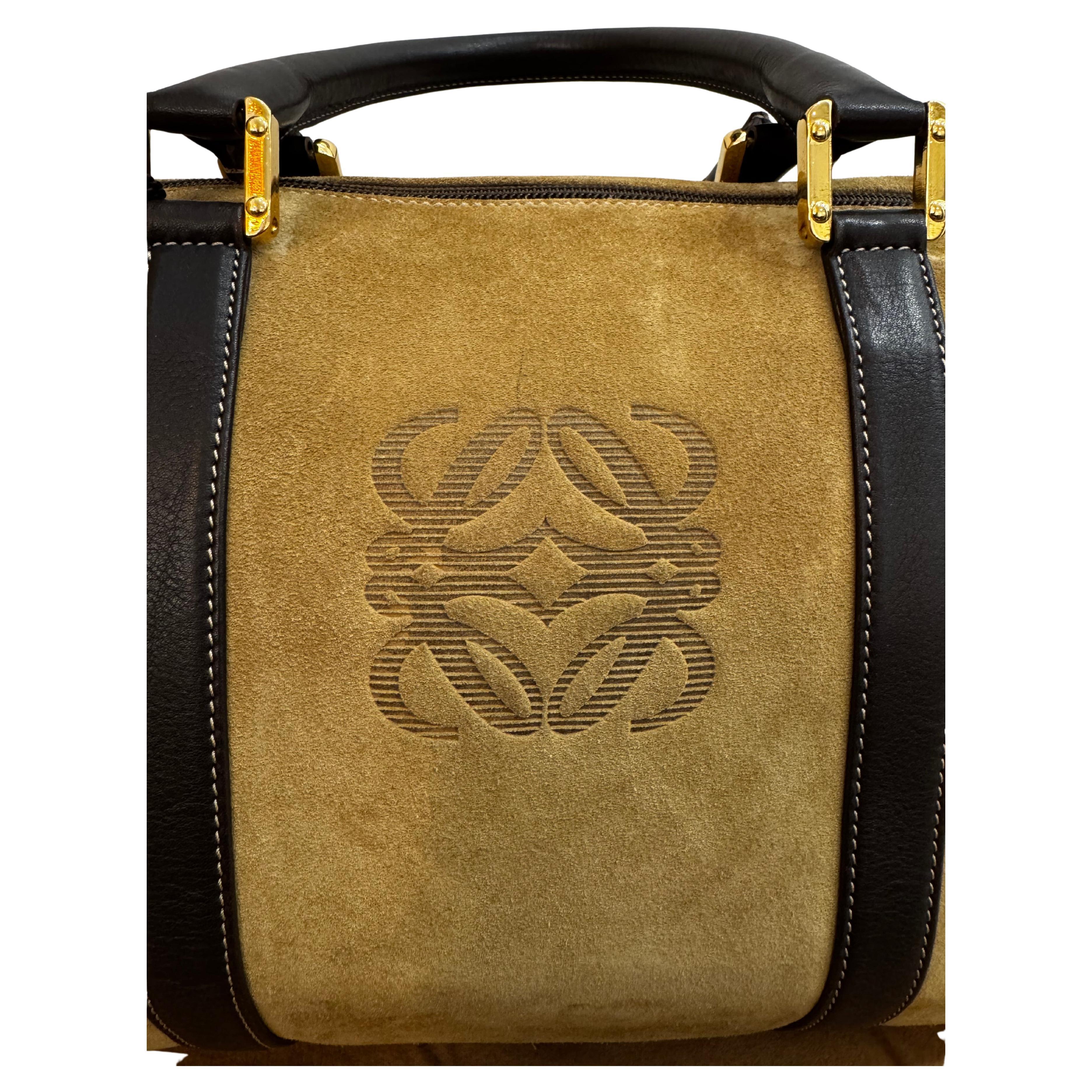 1990 Vintage LOEWE Suede Anagram Boston Bag 40 Brown 5
