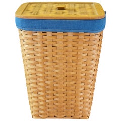 1990s Vintage Longaberger Large Woven Laundry Hamper Waste Basket Denim Lining