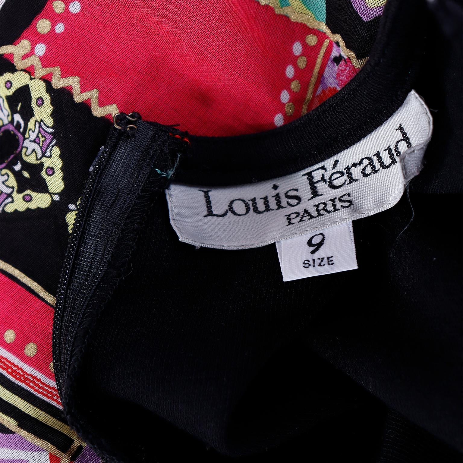 1990s Vintage Louis Feraud Drop Waist Dress W Faux Patchwork Print Skirt For Sale 6