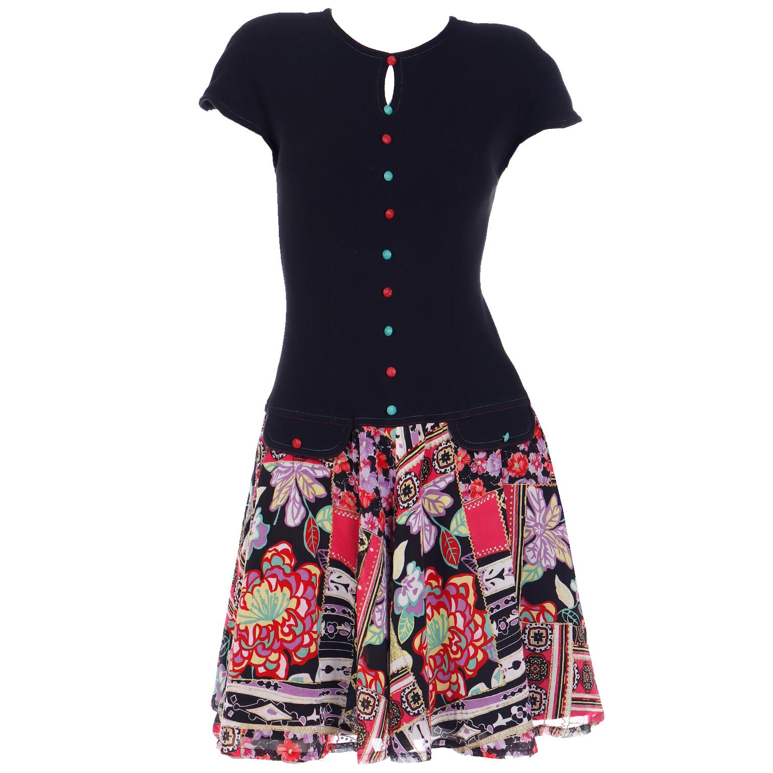 1990s Vintage Louis Feraud Drop Waist Dress W Faux Patchwork Print Skirt For Sale 7