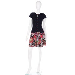 1990s Vintage Louis Feraud Drop Waist Dress W Faux Patchwork Print Skirt