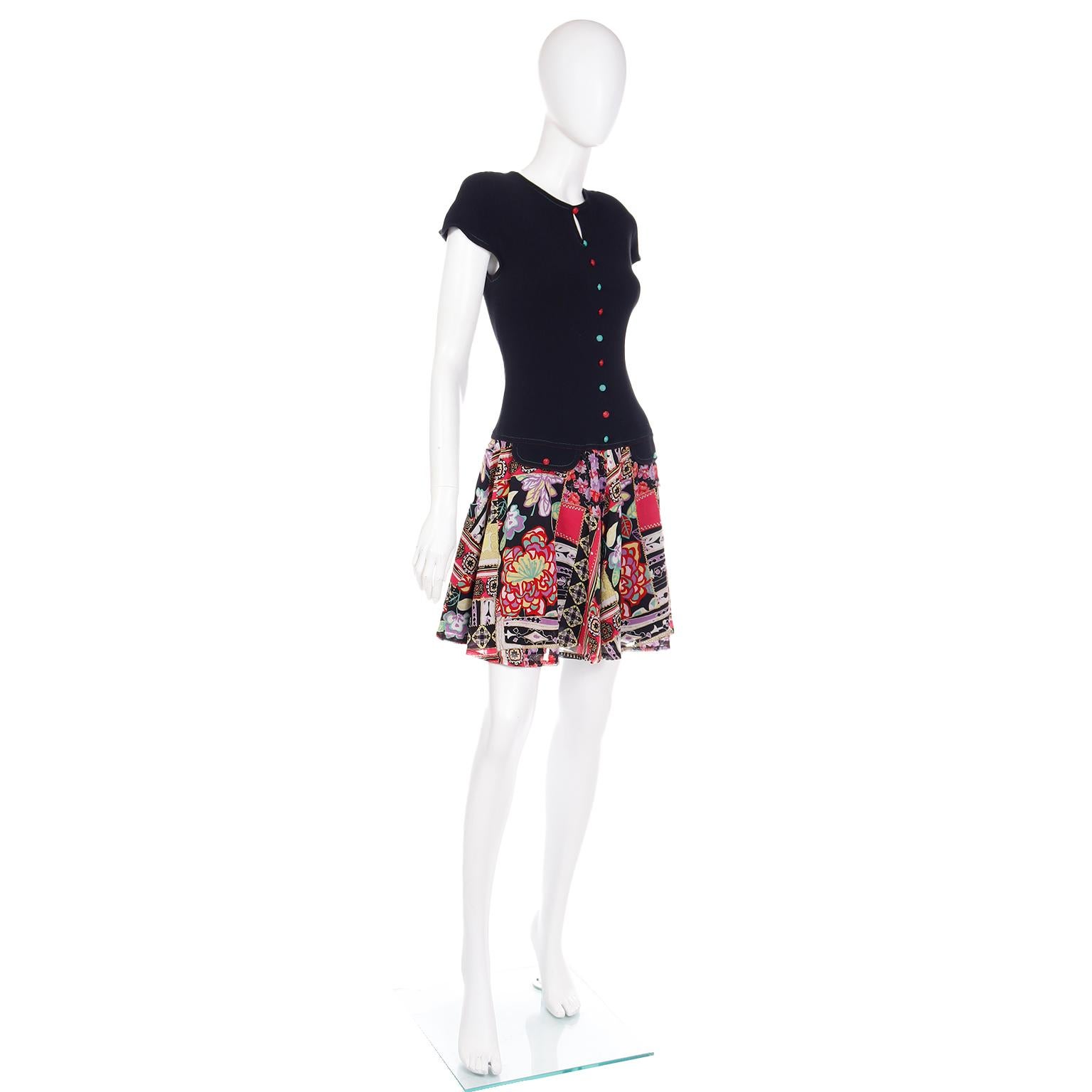 1990s Vintage Louis Feraud Drop Waist Dress W Faux Patchwork Print Skirt For Sale 1